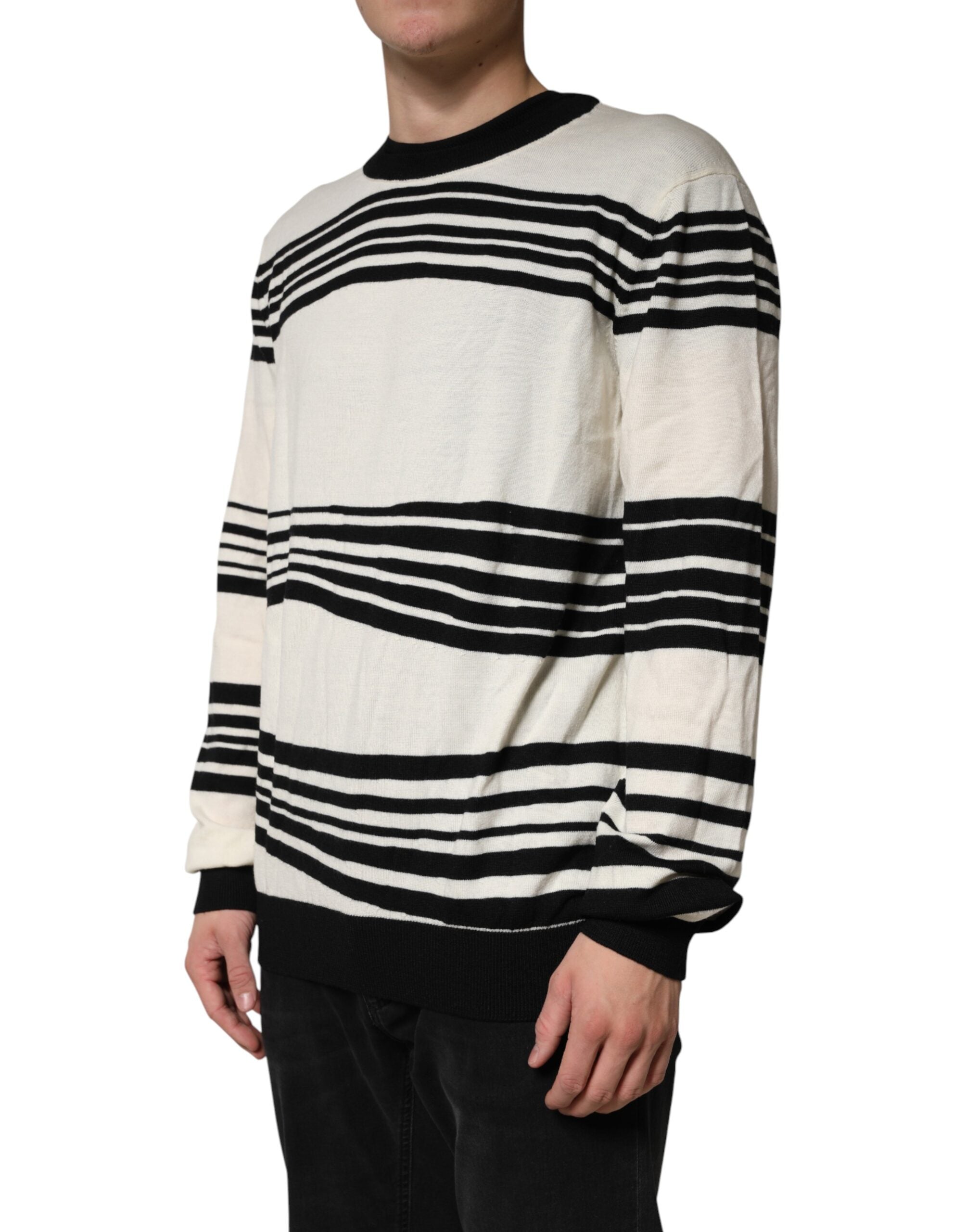 Dolce & Gabbana Black White Stripe CrewNeck Pullover Men's Sweater