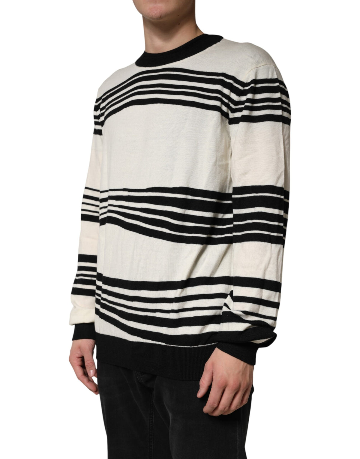 Dolce & Gabbana Black White Stripe CrewNeck Pullover Men's Sweater