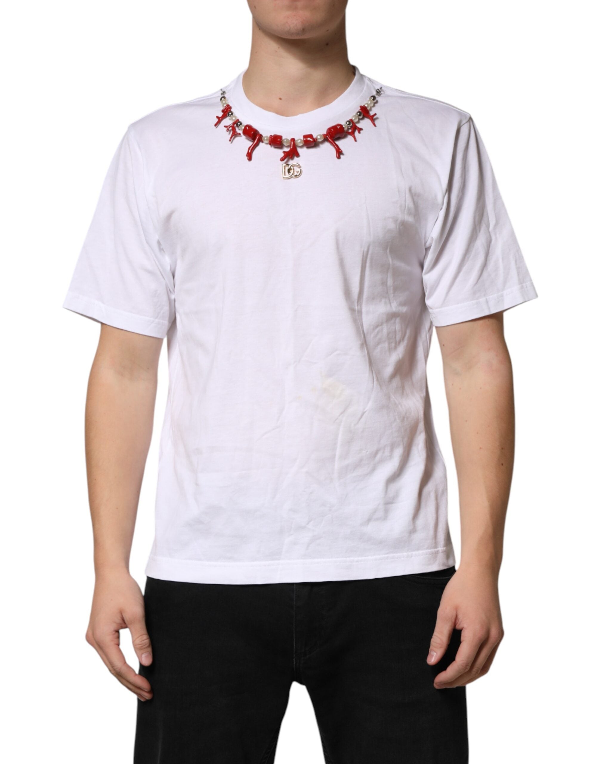 Dolce & Gabbana White Cotton Necklace Embellished Men's T-shirt (Pre-Owned)