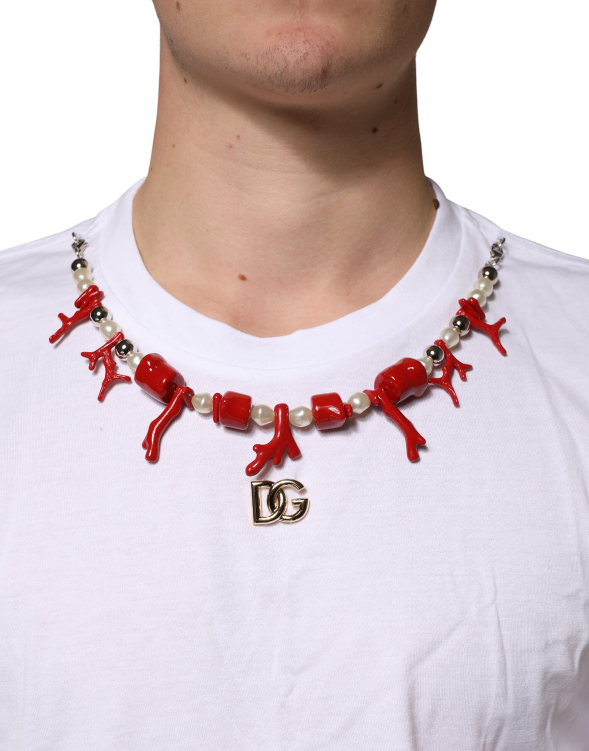 Dolce & Gabbana White Cotton Necklace Embellished Men's T-shirt (Pre-Owned)
