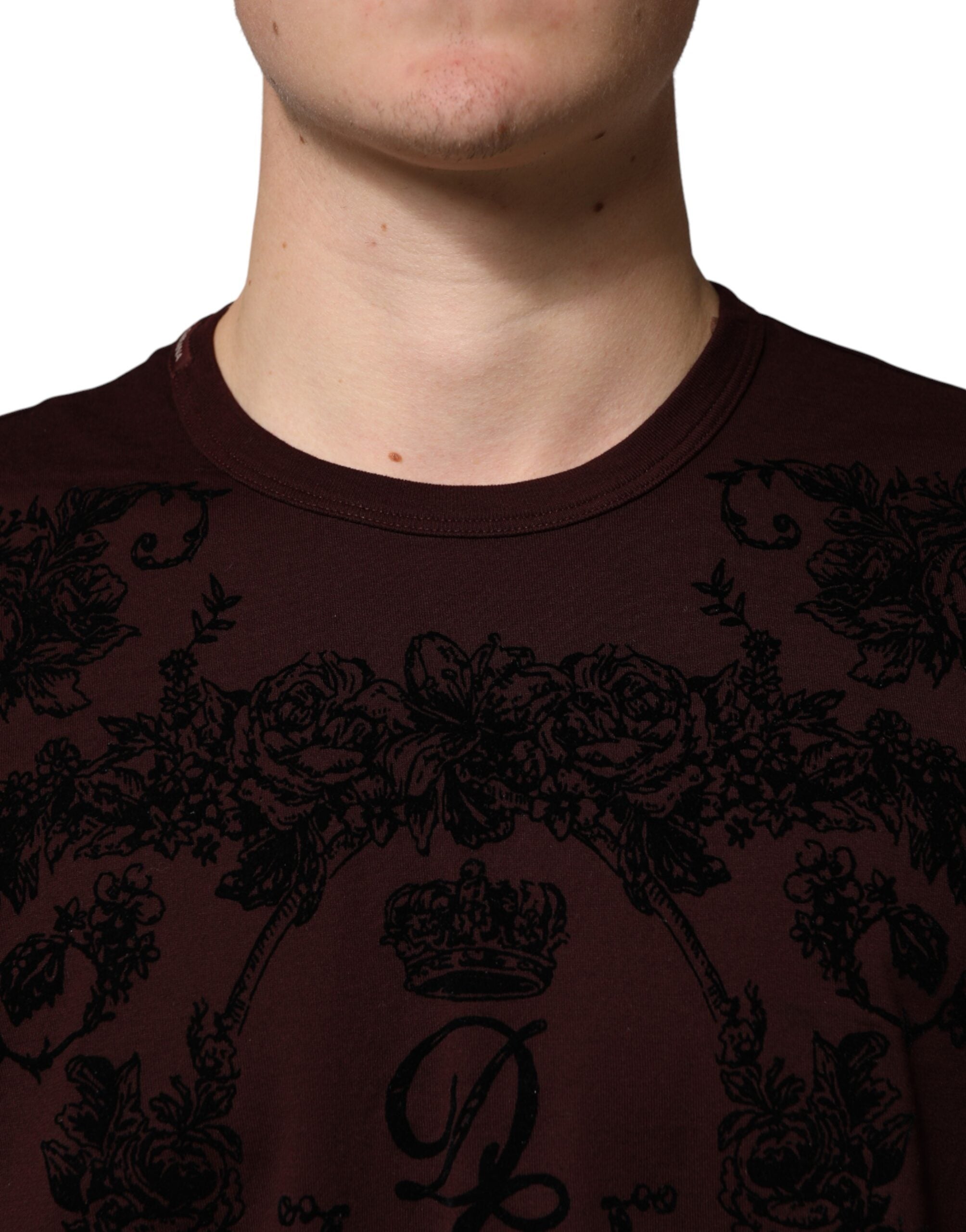 Dolce & Gabbana Maroon DG Crown Floral Crewneck Men Men's T-shirt (Pre-Owned)