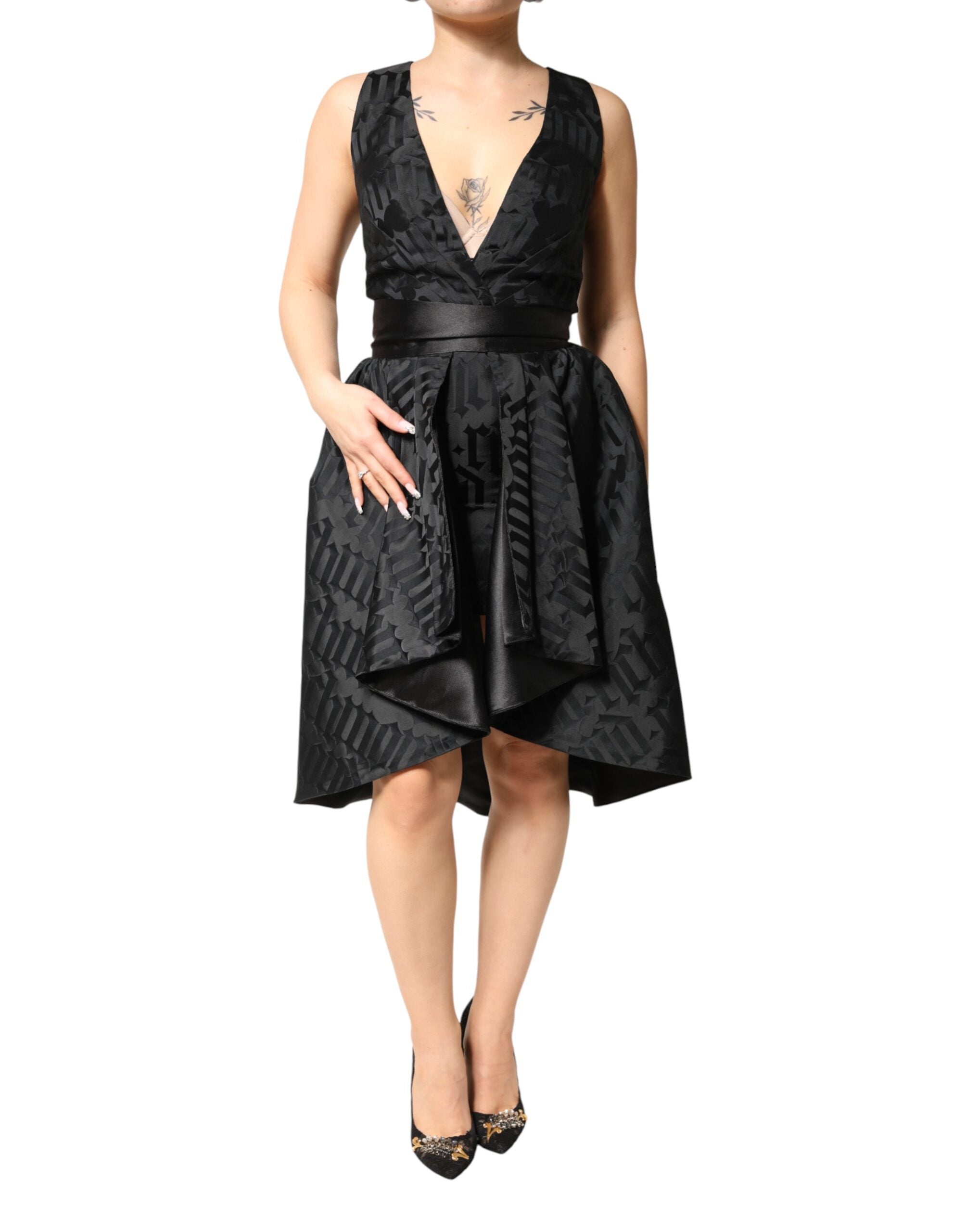John Richmond Black Jacquard Deep V-neck Sleeveless 2 Pc Women's Dress