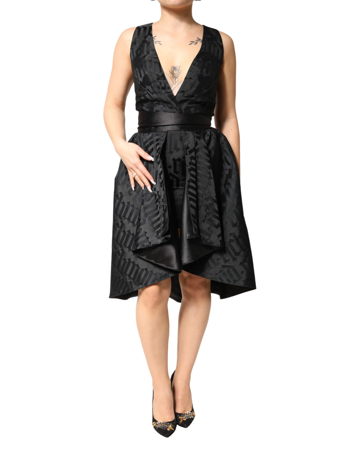 John Richmond Black Jacquard Deep V-neck Sleeveless 2 Pc Women's Dress