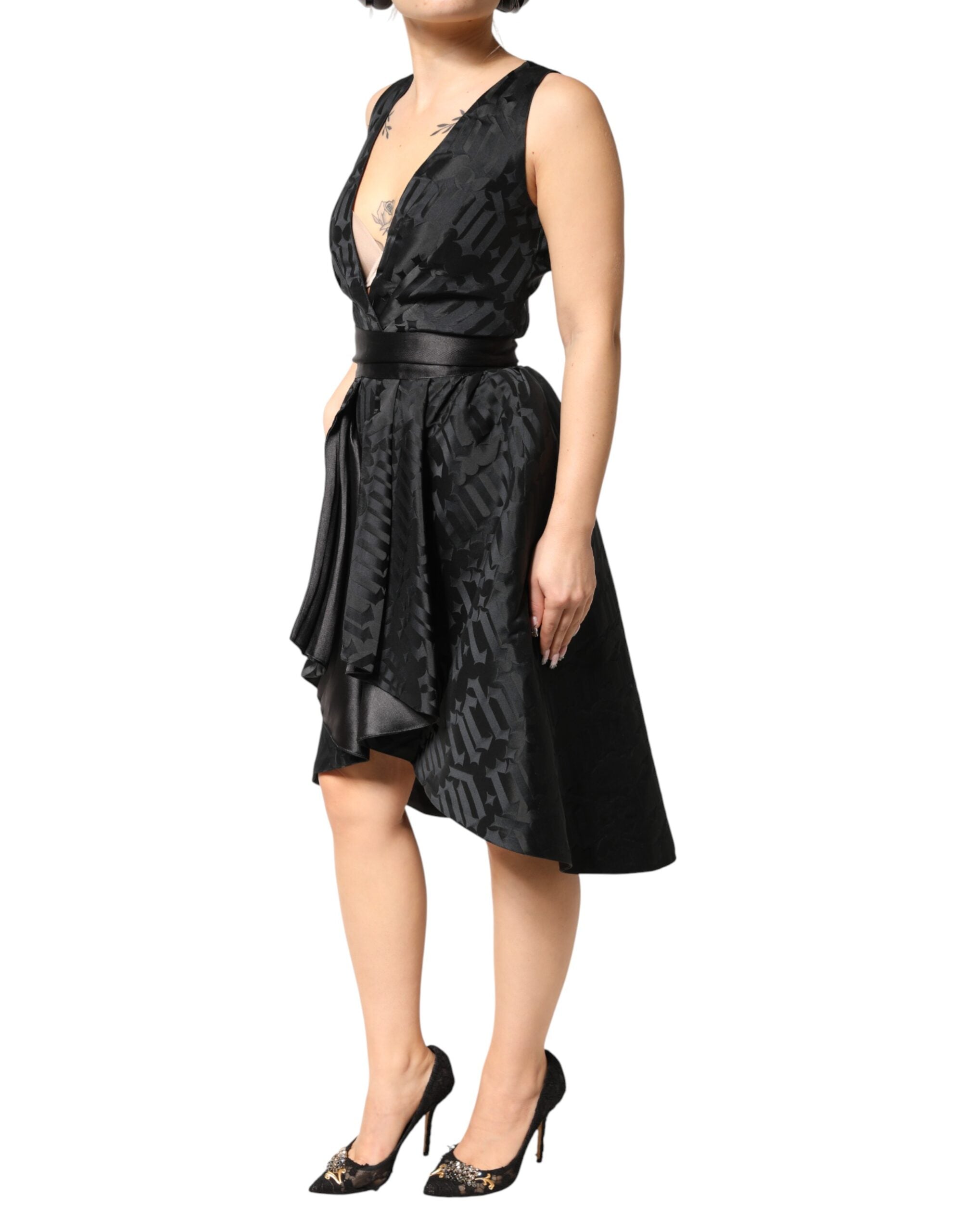 John Richmond Black Jacquard Deep V-neck Sleeveless 2 Pc Women's Dress