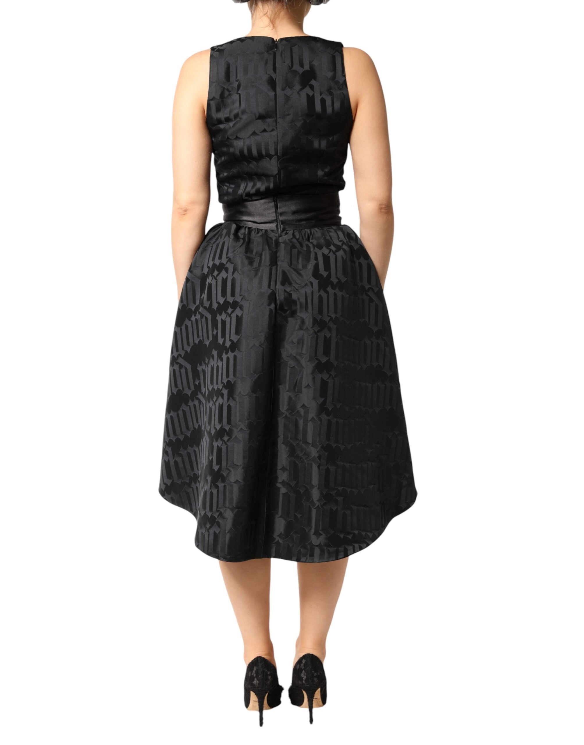 John Richmond Black Jacquard Deep V-neck Sleeveless 2 Pc Women's Dress