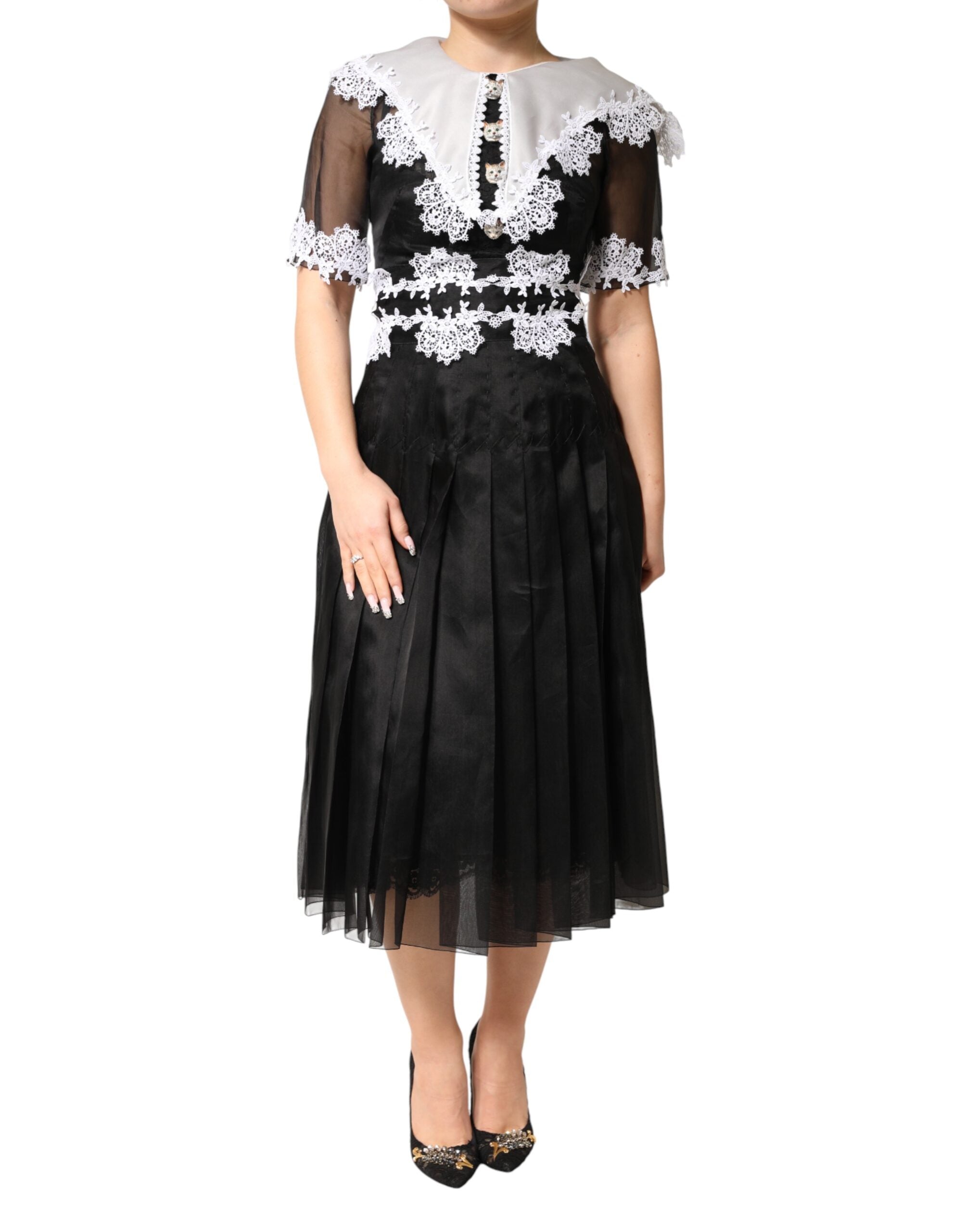 Dolce & Gabbana Black White Silk Macrame Lace Midi Women's Dress