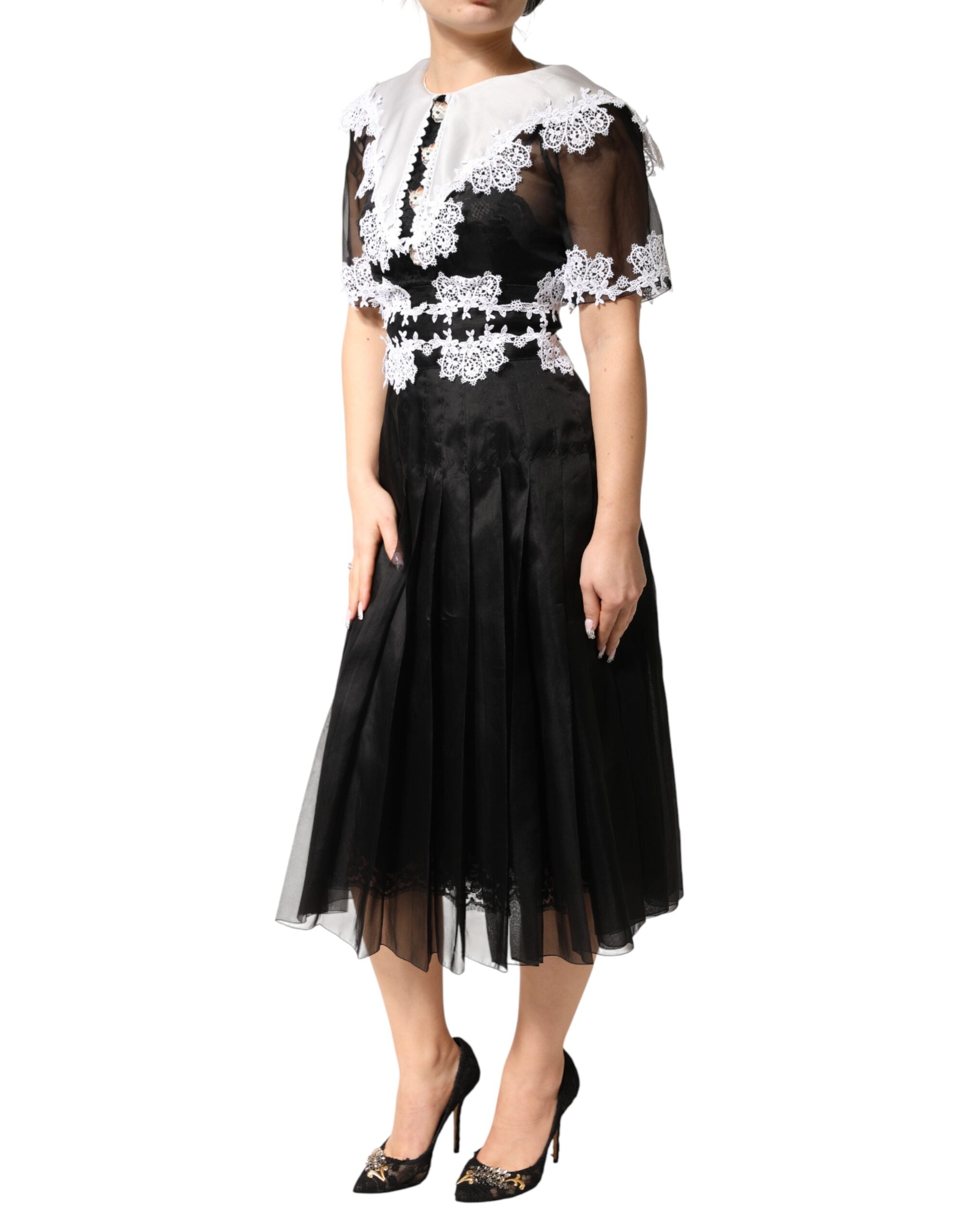 Dolce & Gabbana Black White Silk Macrame Lace Midi Women's Dress