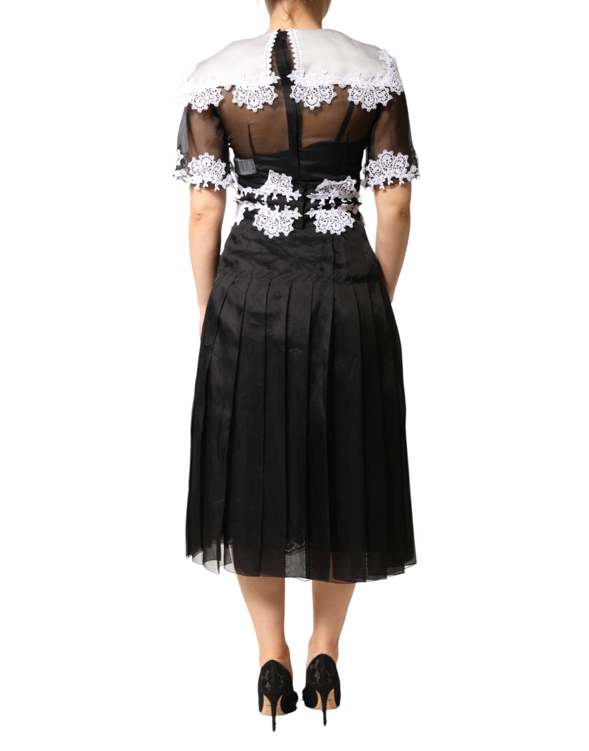 Dolce & Gabbana Black White Silk Macrame Lace Midi Women's Dress