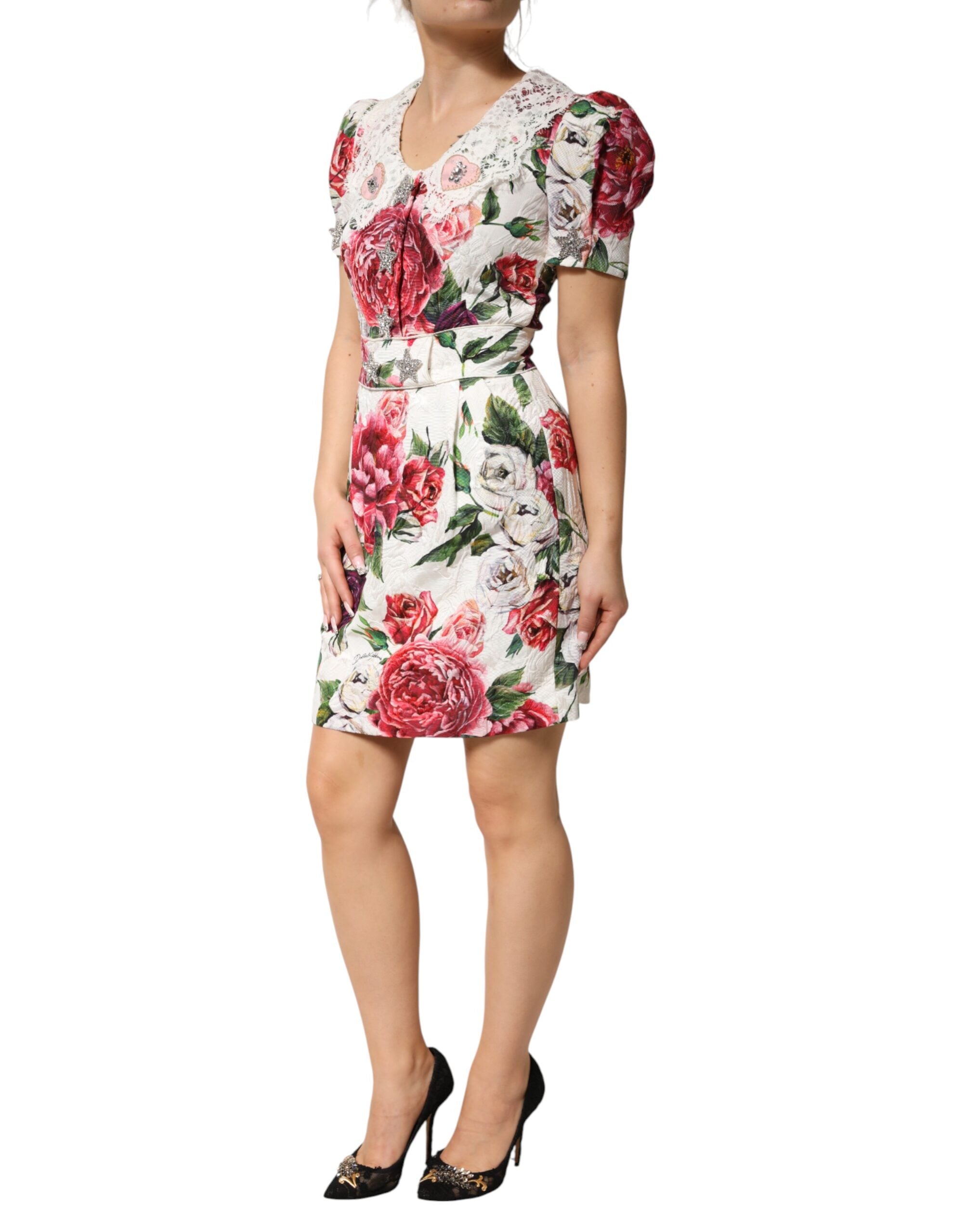 Dolce & Gabbana White Floral Embellished Sheath Mini Women's Dress