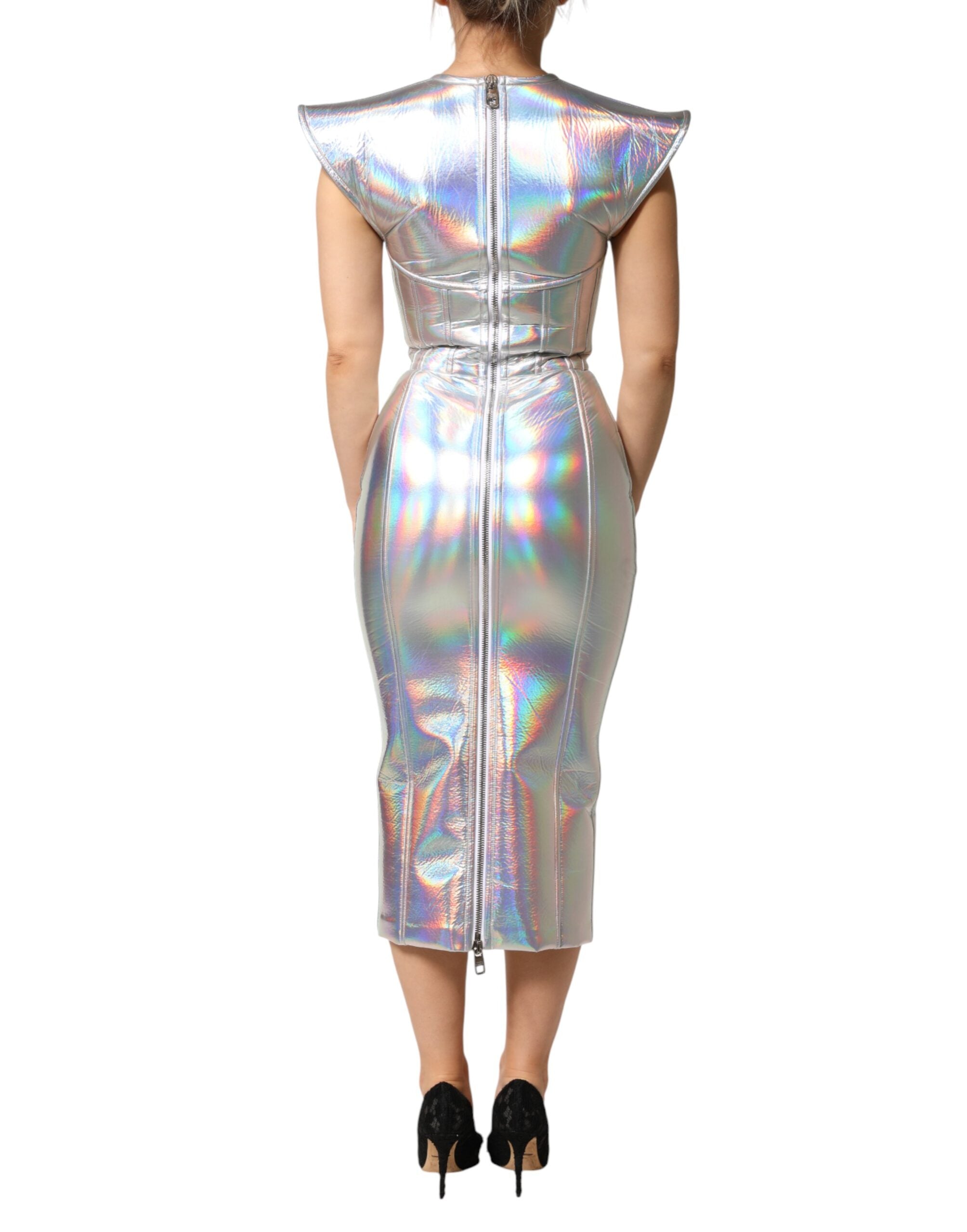 Dolce & Gabbana Silver Iridescent Bodycon Sheath Midi Women's Dress