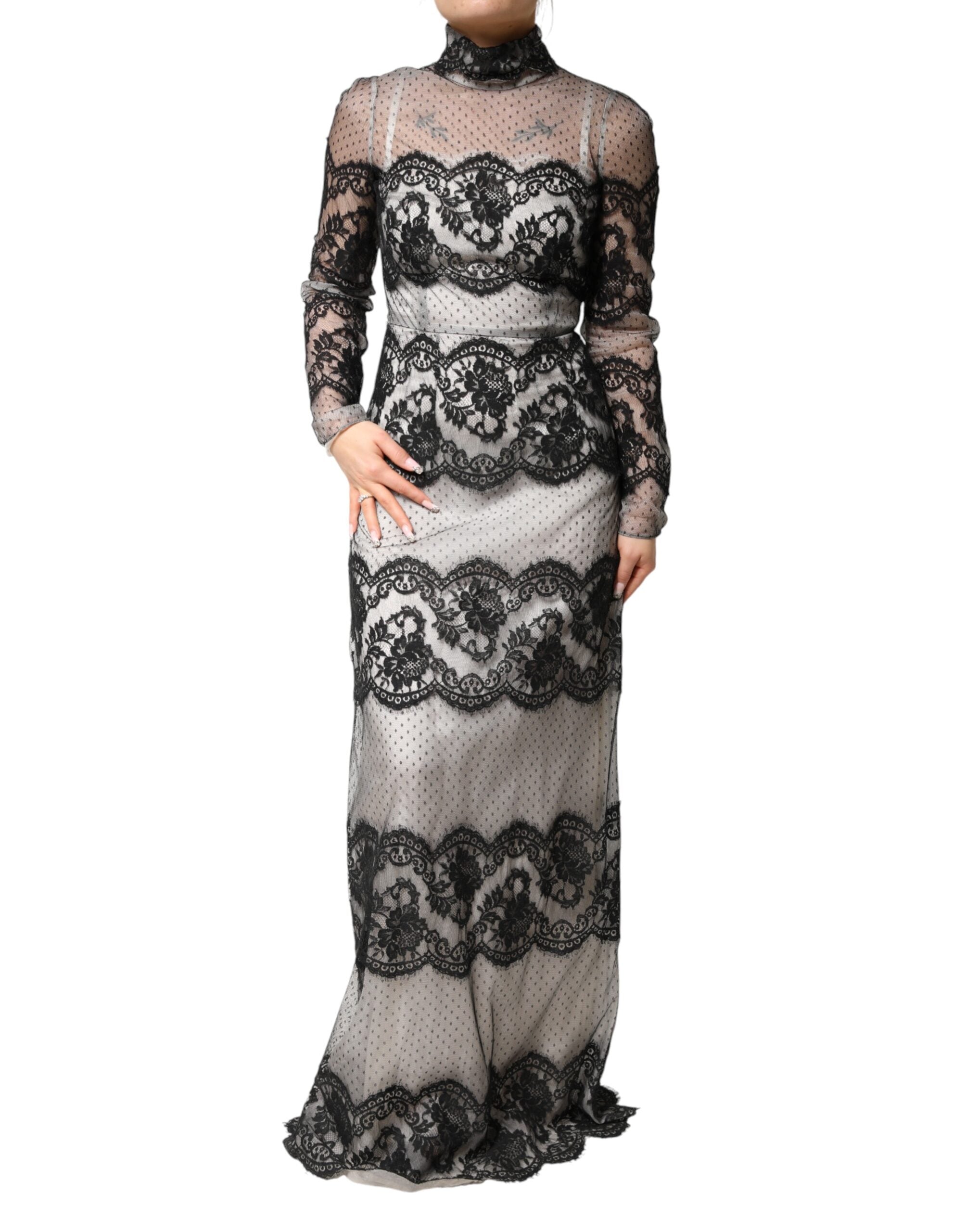 Dolce & Gabbana Black White Lace Silk Blend MaxiSheath Women's Dress