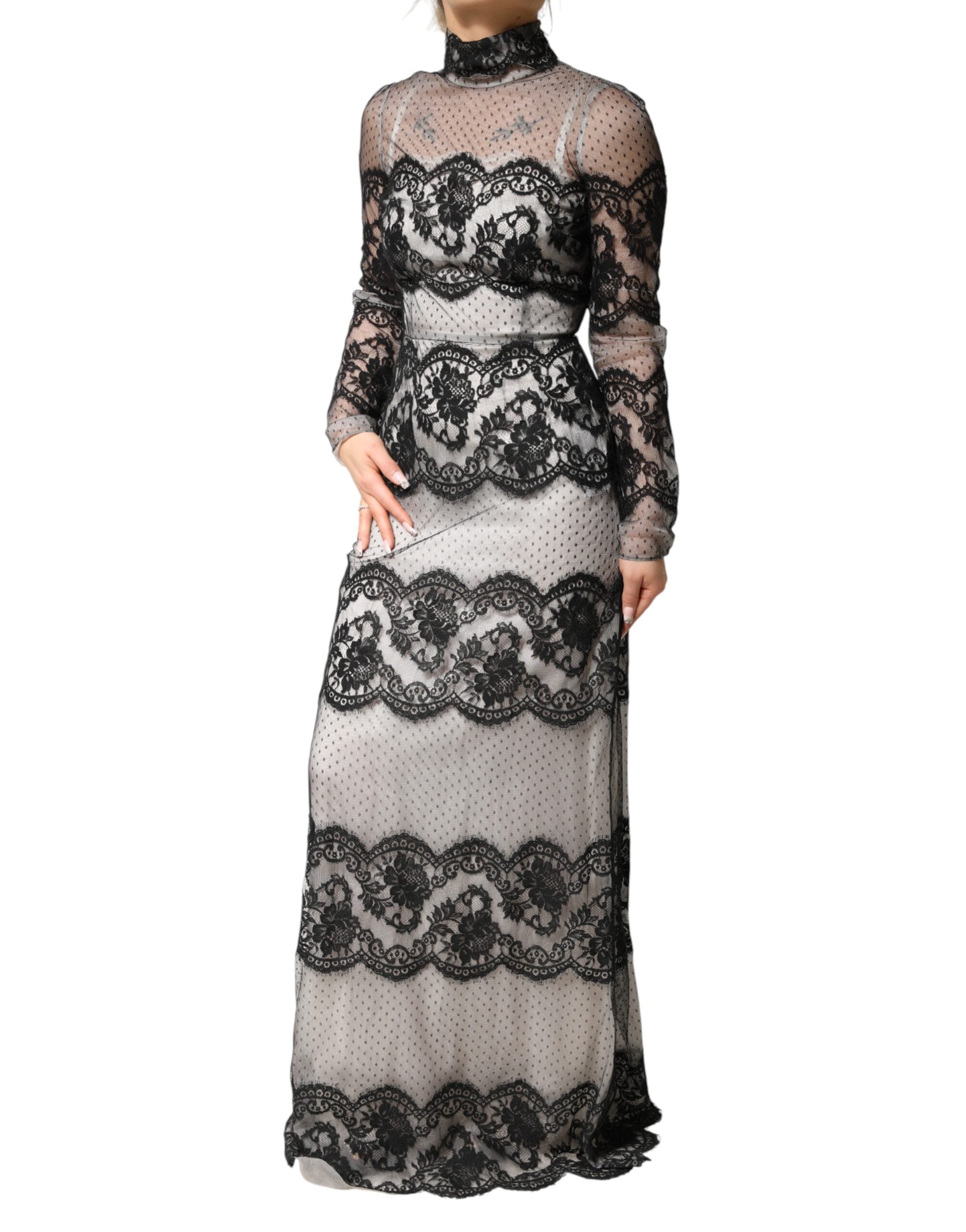 Dolce & Gabbana Black White Lace Silk Blend MaxiSheath Women's Dress