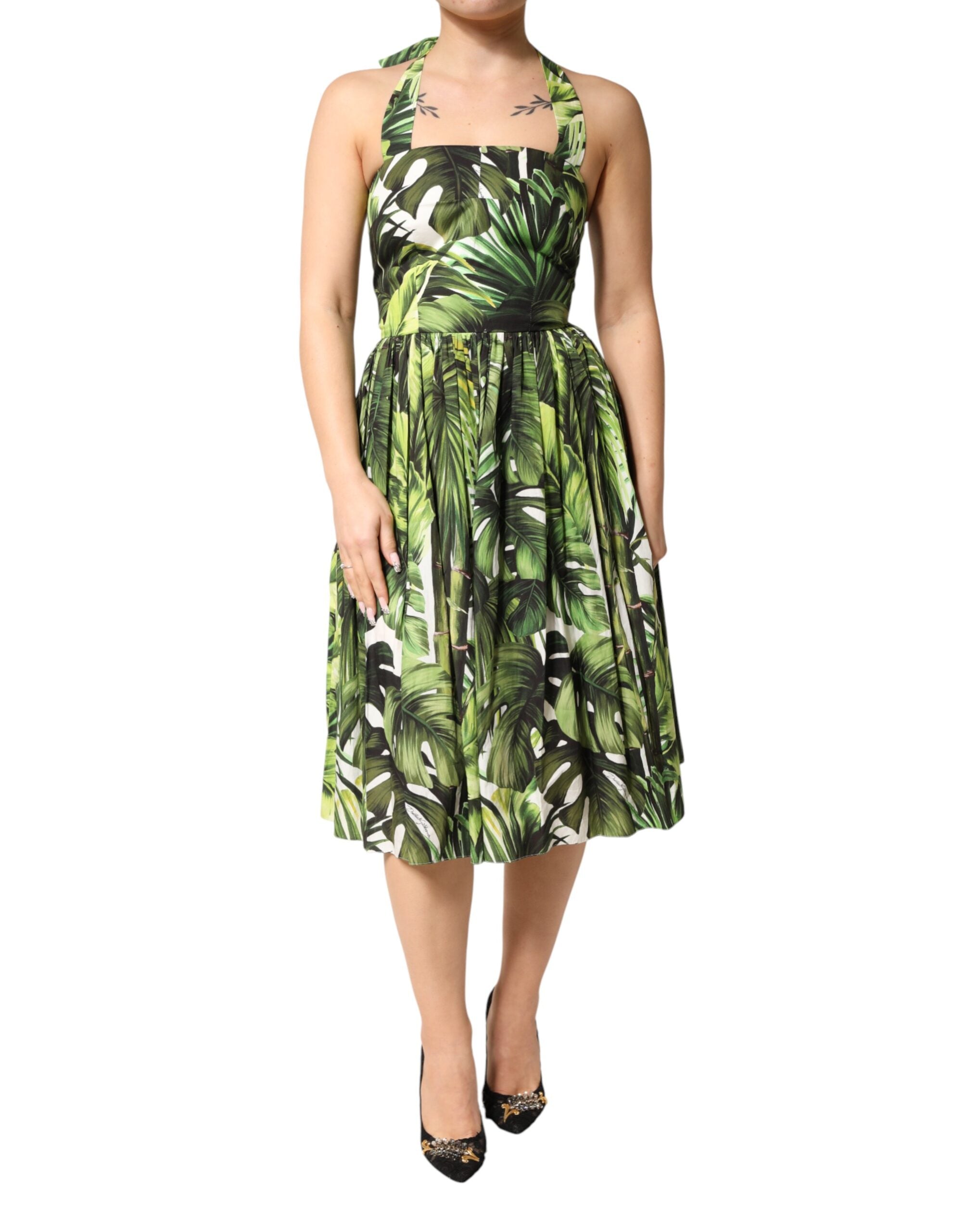 Dolce & Gabbana Green Leaves Print Cotton Halter Midi Women's Dress