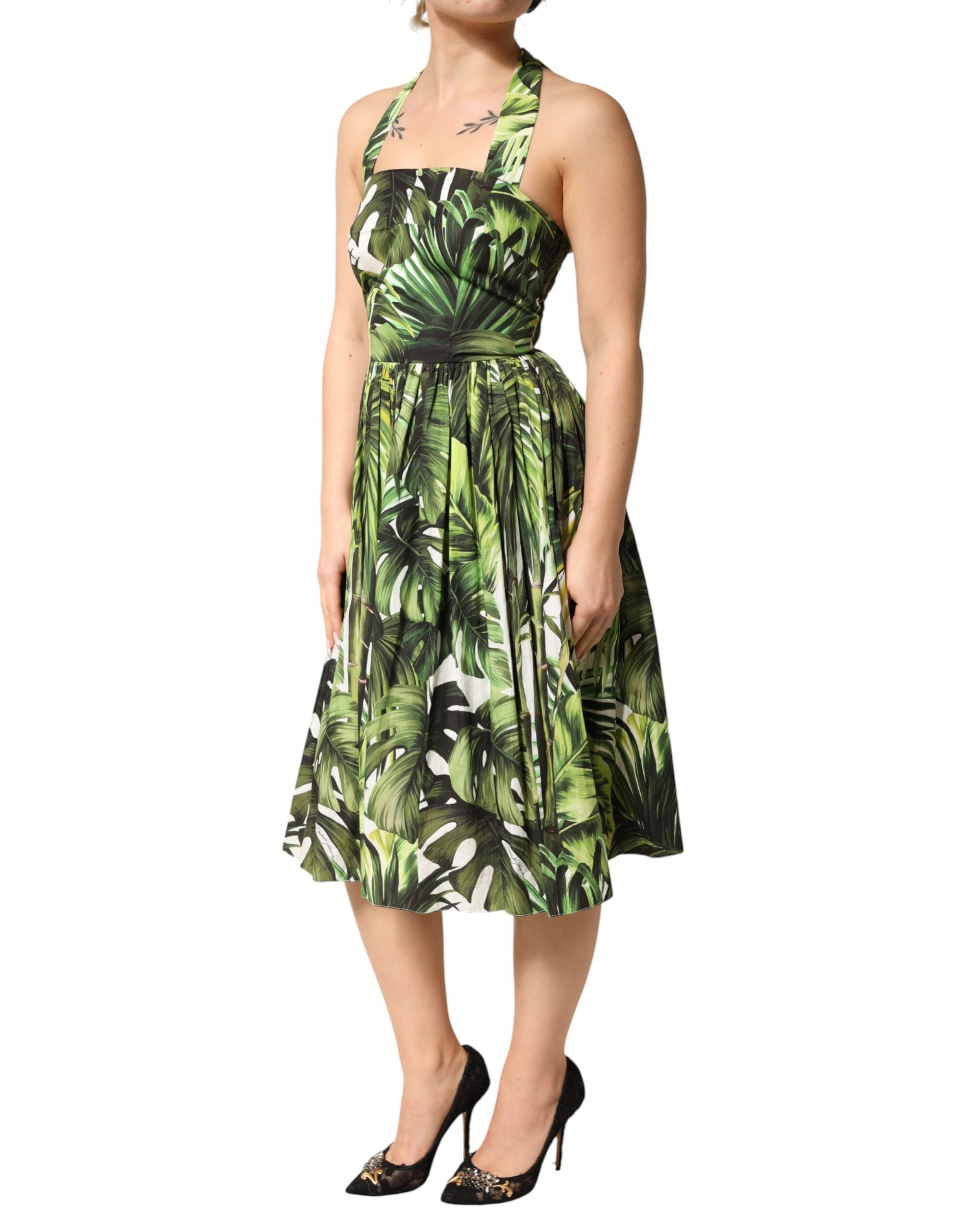 Dolce & Gabbana Green Leaves Print Cotton Halter Midi Women's Dress