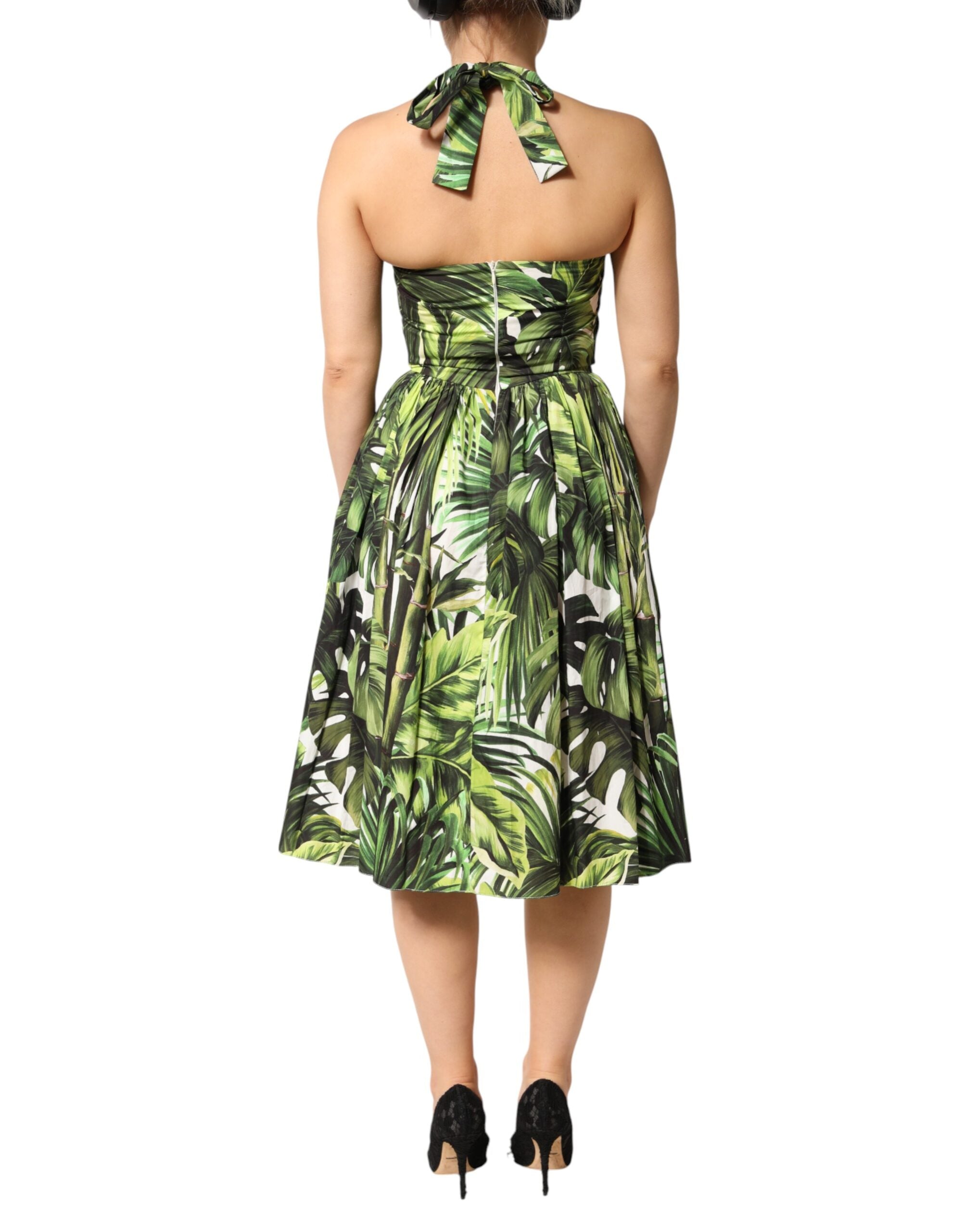 Dolce & Gabbana Green Leaves Print Cotton Halter Midi Women's Dress