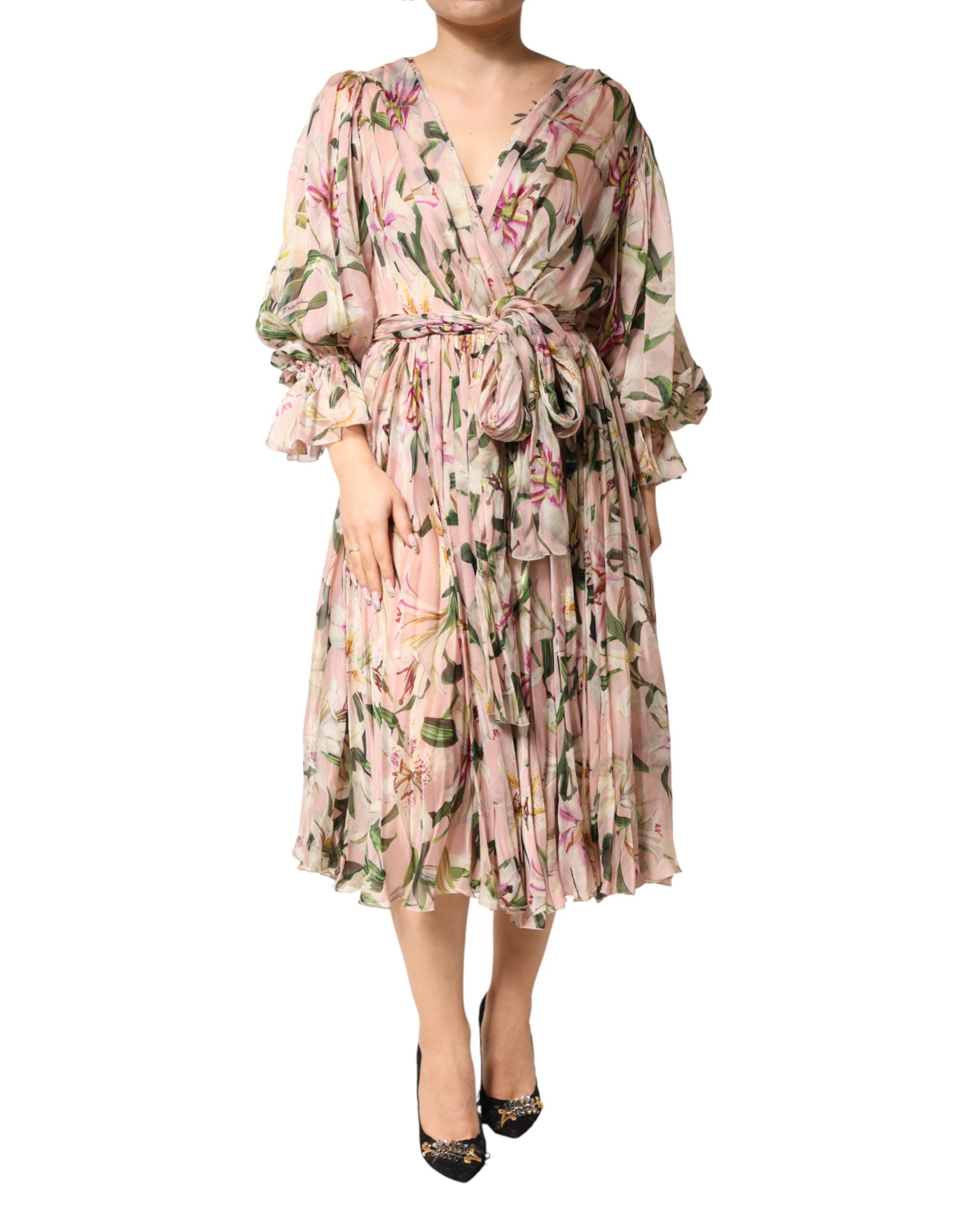 Dolce & Gabbana Pink Lily Print A-line Pleated Maxi Women's Dress