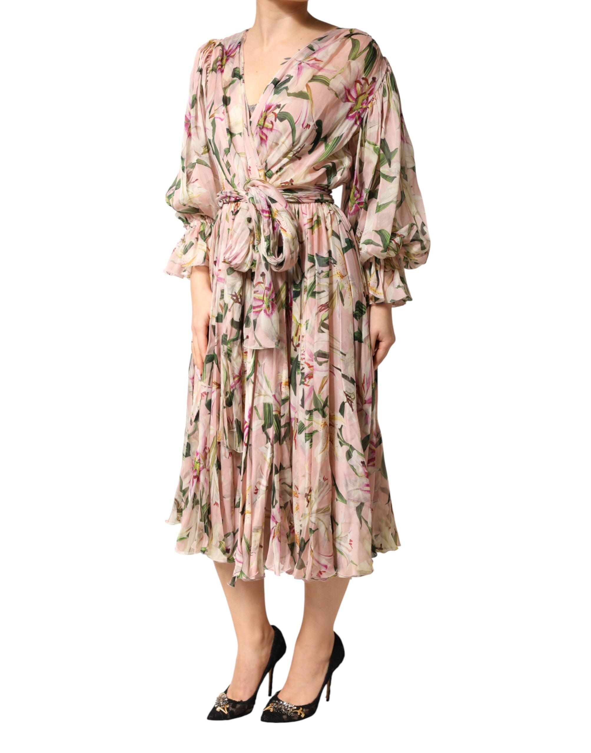 Dolce & Gabbana Pink Lily Print A-line Pleated Maxi Women's Dress