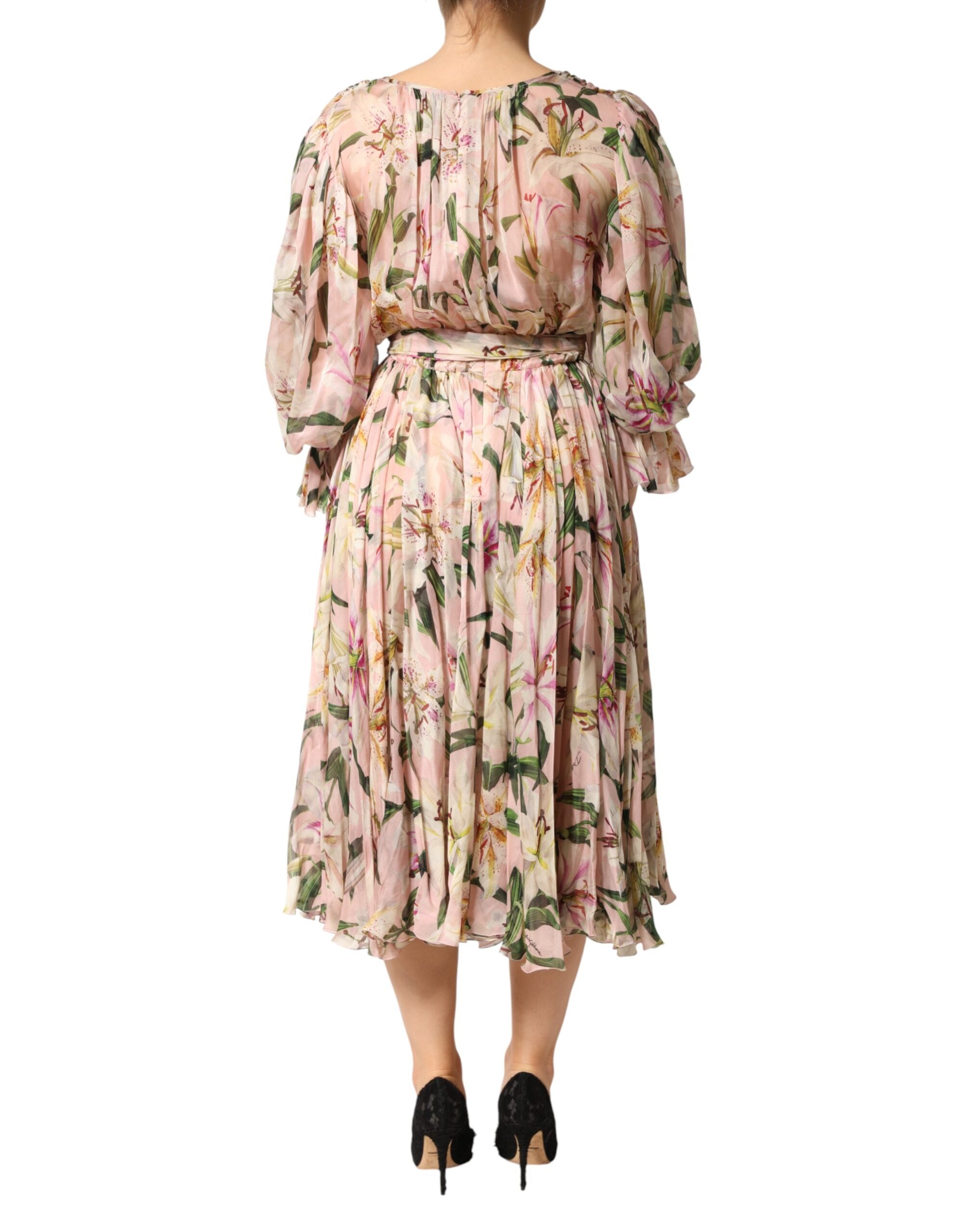 Dolce & Gabbana Pink Lily Print A-line Pleated Maxi Women's Dress