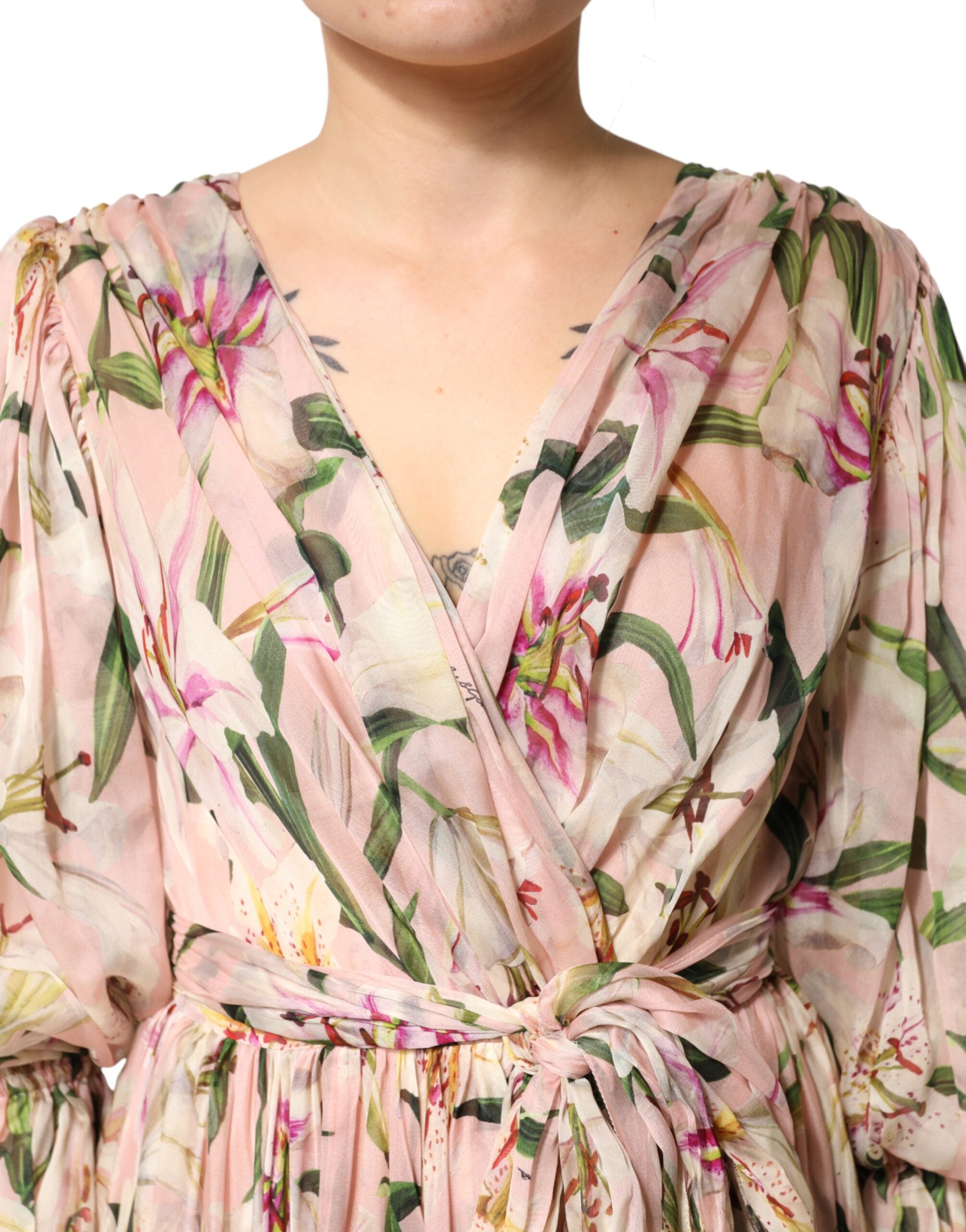 Dolce & Gabbana Pink Lily Print A-line Pleated Maxi Women's Dress