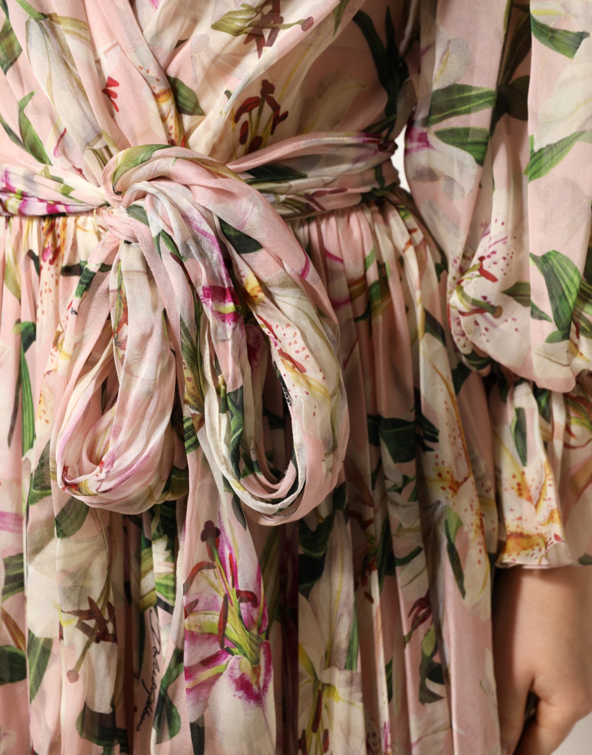 Dolce & Gabbana Pink Lily Print A-line Pleated Maxi Women's Dress