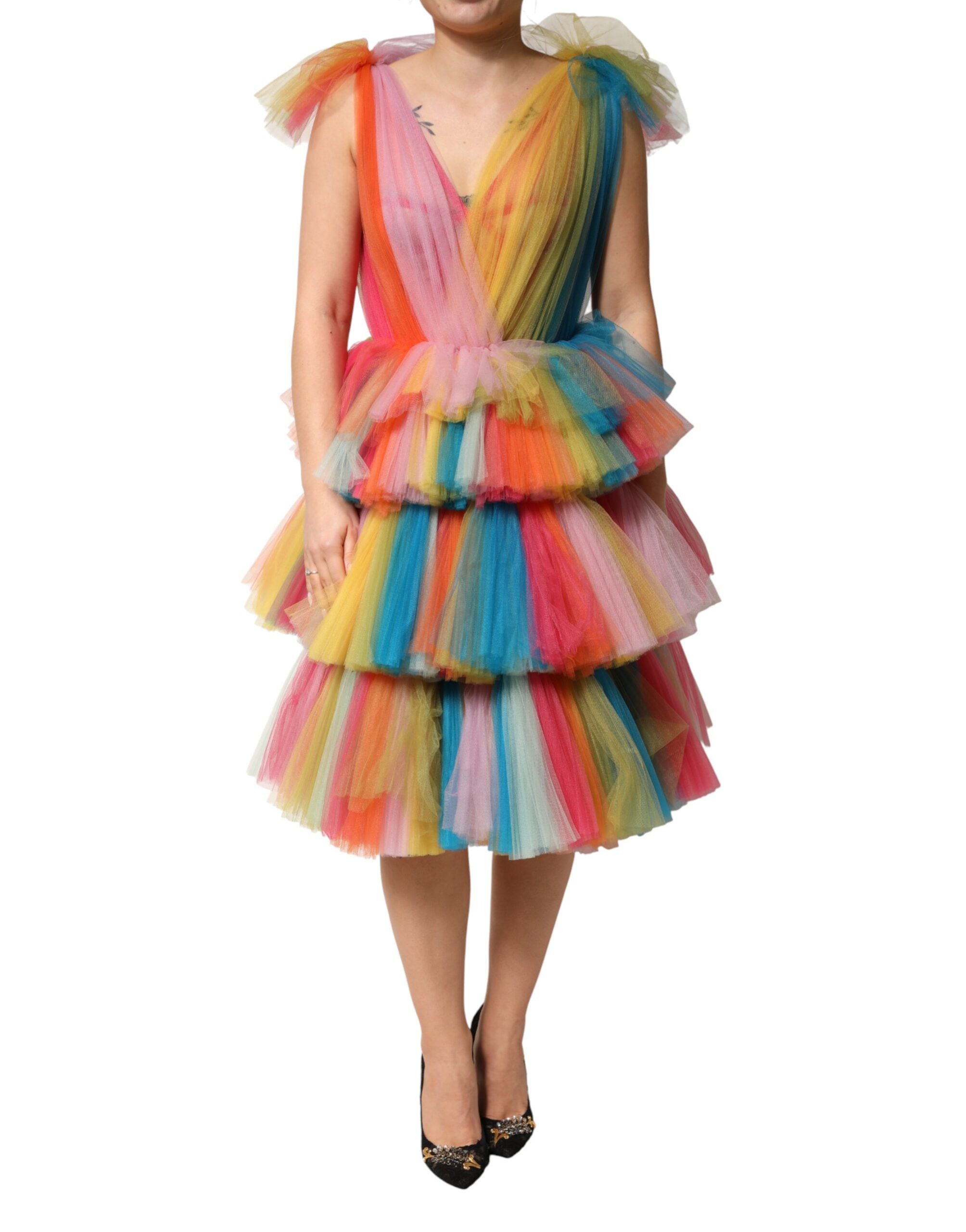 Dolce & Gabbana Multicolor Nylon Tiered Tulle Midi Women's Dress
