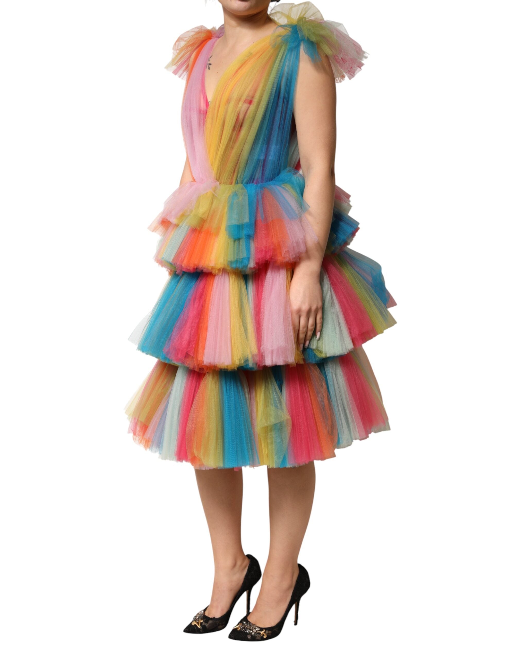 Dolce & Gabbana Multicolor Nylon Tiered Tulle Midi Women's Dress