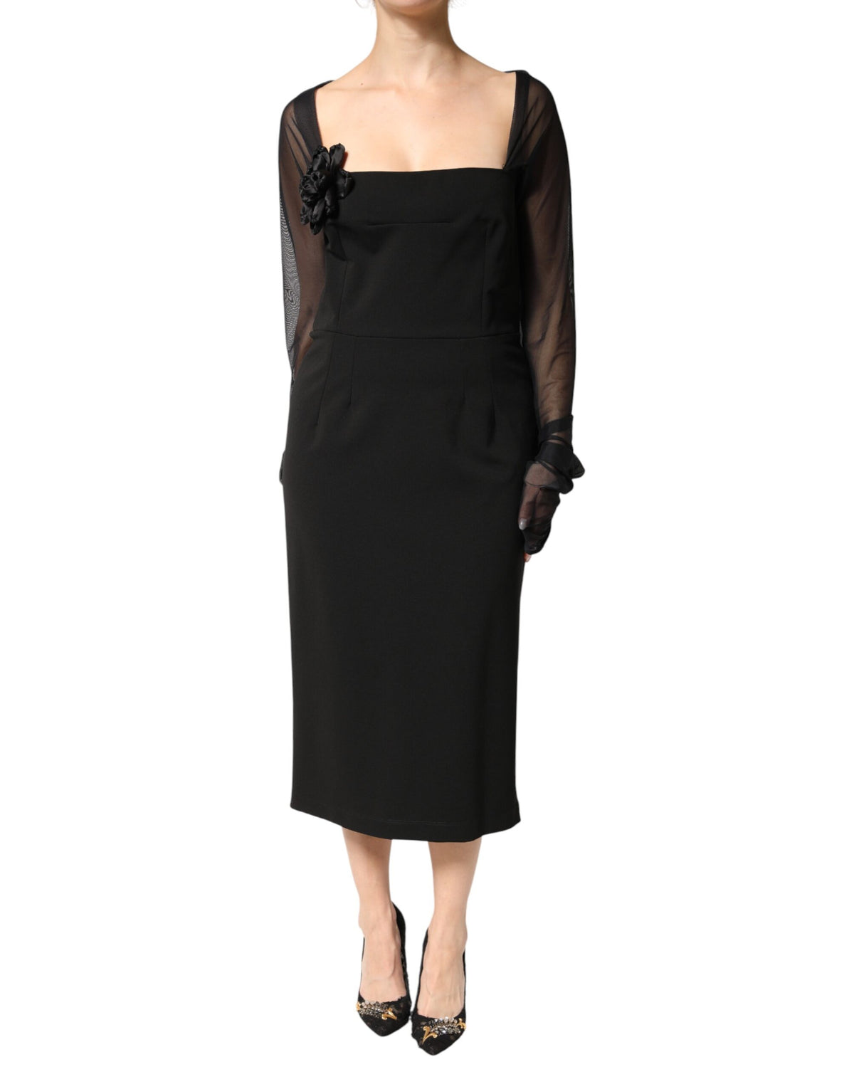 Dolce & Gabbana Black Sheer Yoke Rosette Sheath Midi Women's Dress