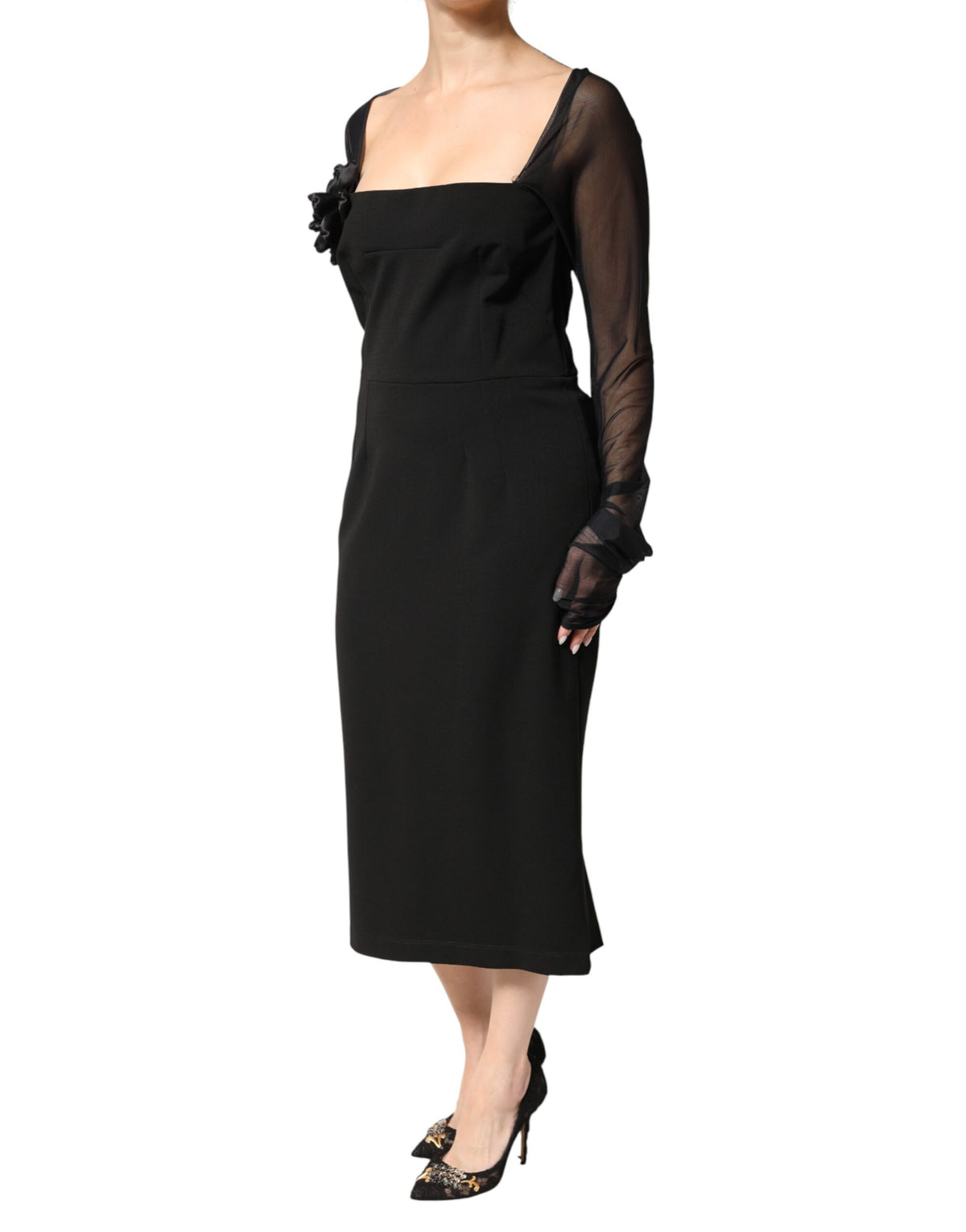 Dolce & Gabbana Black Sheer Yoke Rosette Sheath Midi Women's Dress