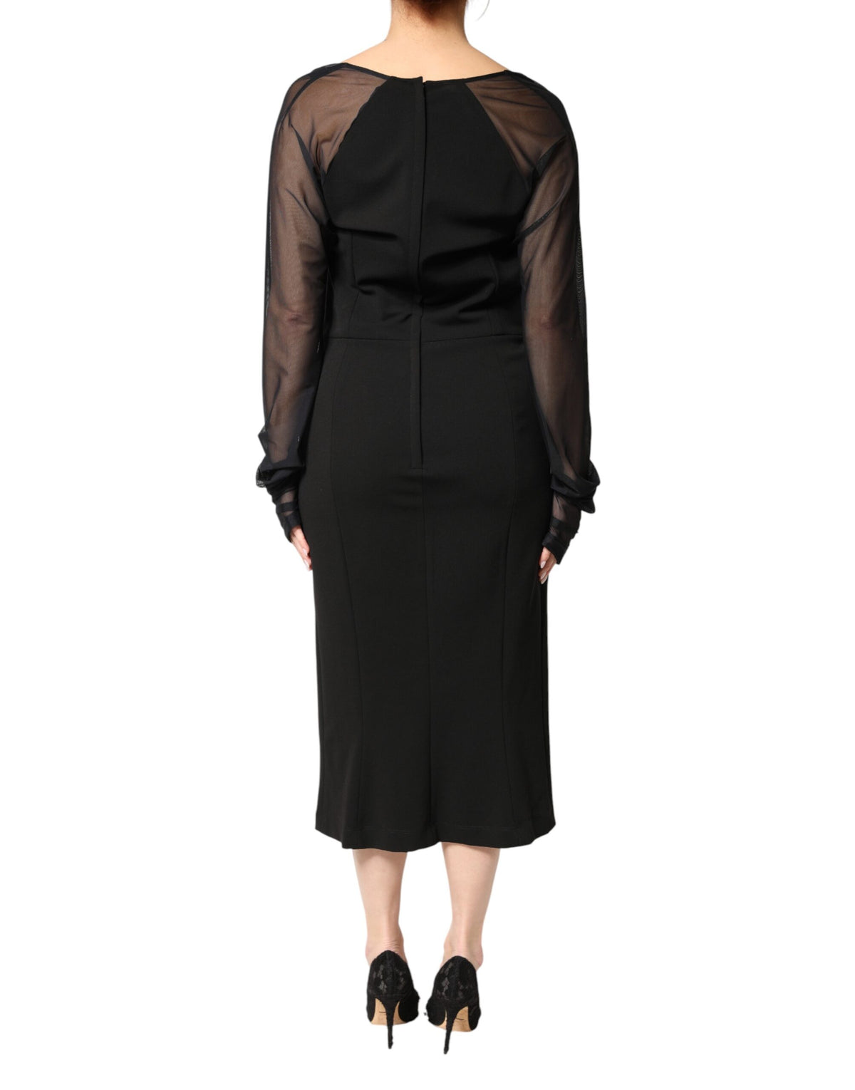 Dolce & Gabbana Black Sheer Yoke Rosette Sheath Midi Women's Dress