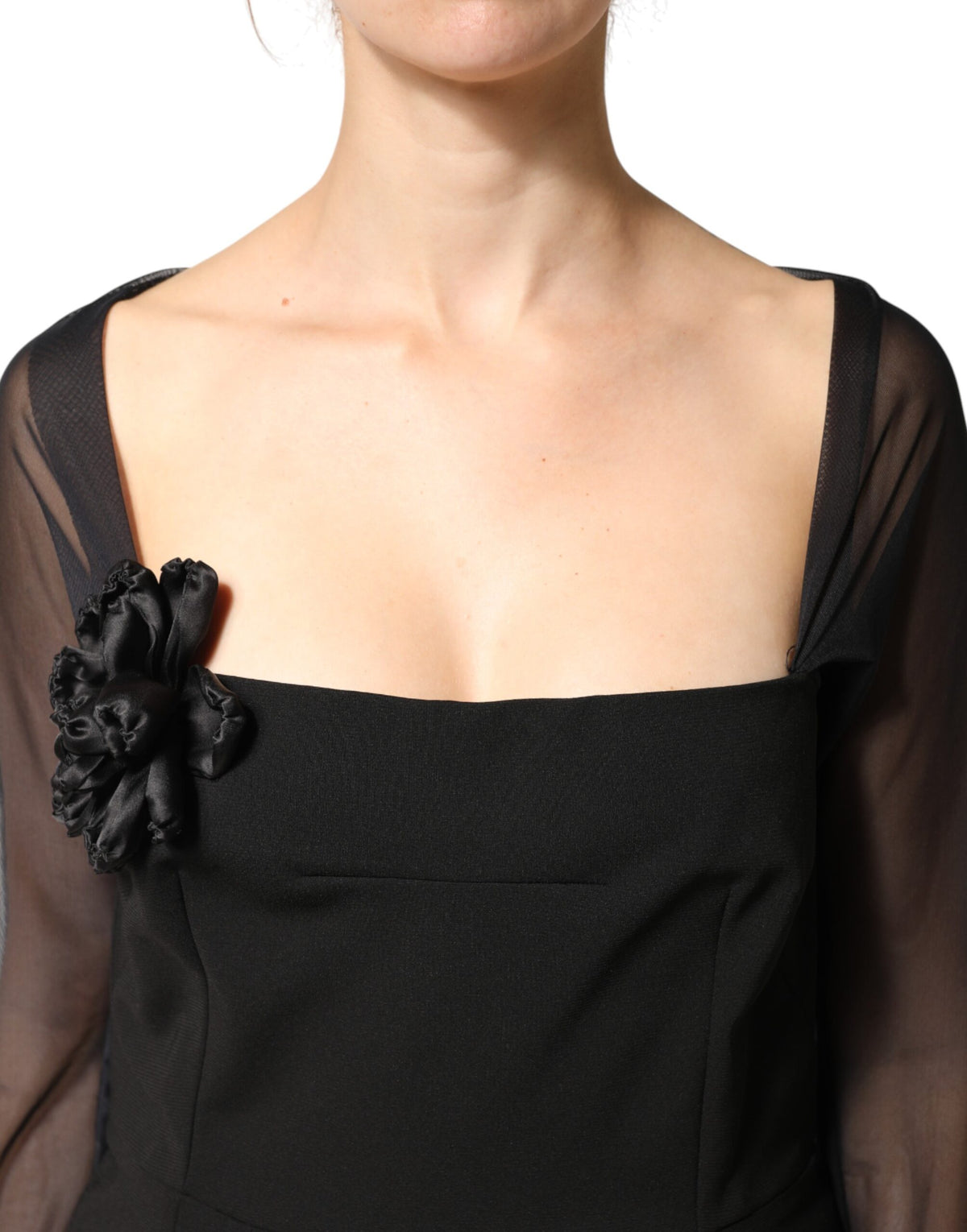 Dolce & Gabbana Black Sheer Yoke Rosette Sheath Midi Women's Dress