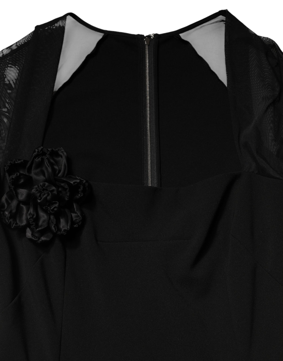 Dolce & Gabbana Black Sheer Yoke Rosette Sheath Midi Women's Dress