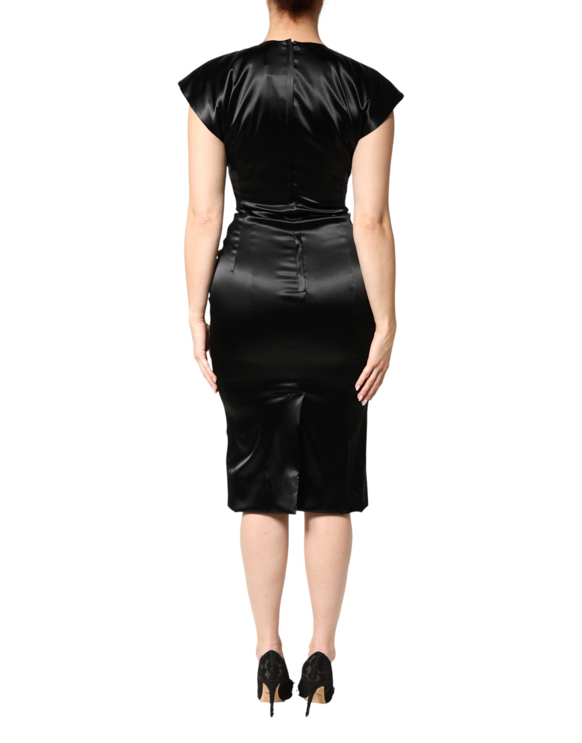 Dolce & Gabbana Black Satin Sheath Midi Cap Sleeves Women's Dress