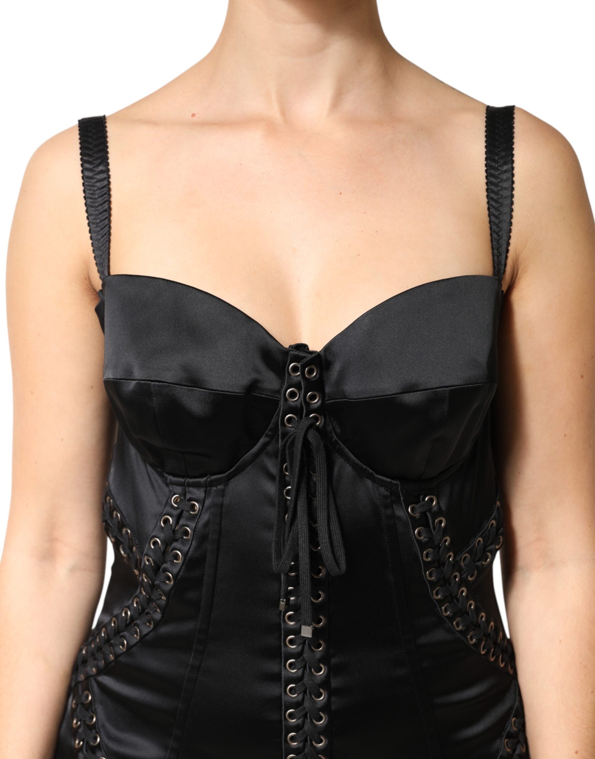 Dolce & Gabbana Black Satin Acetate Lace Eyelets Mini Women's Dress