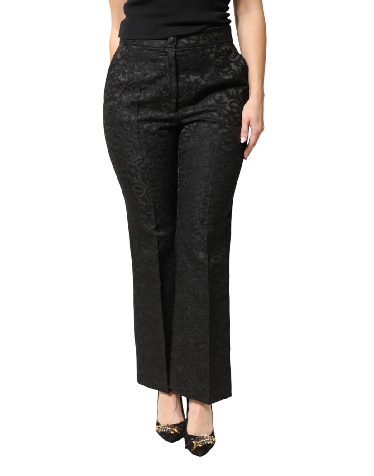 Dolce & Gabbana Black Floral Brocade High Waisted Trouser Women's Pants