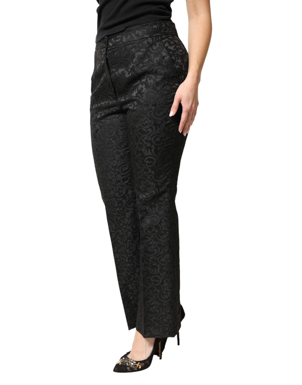 Dolce & Gabbana Black Floral Brocade High Waisted Trouser Women's Pants