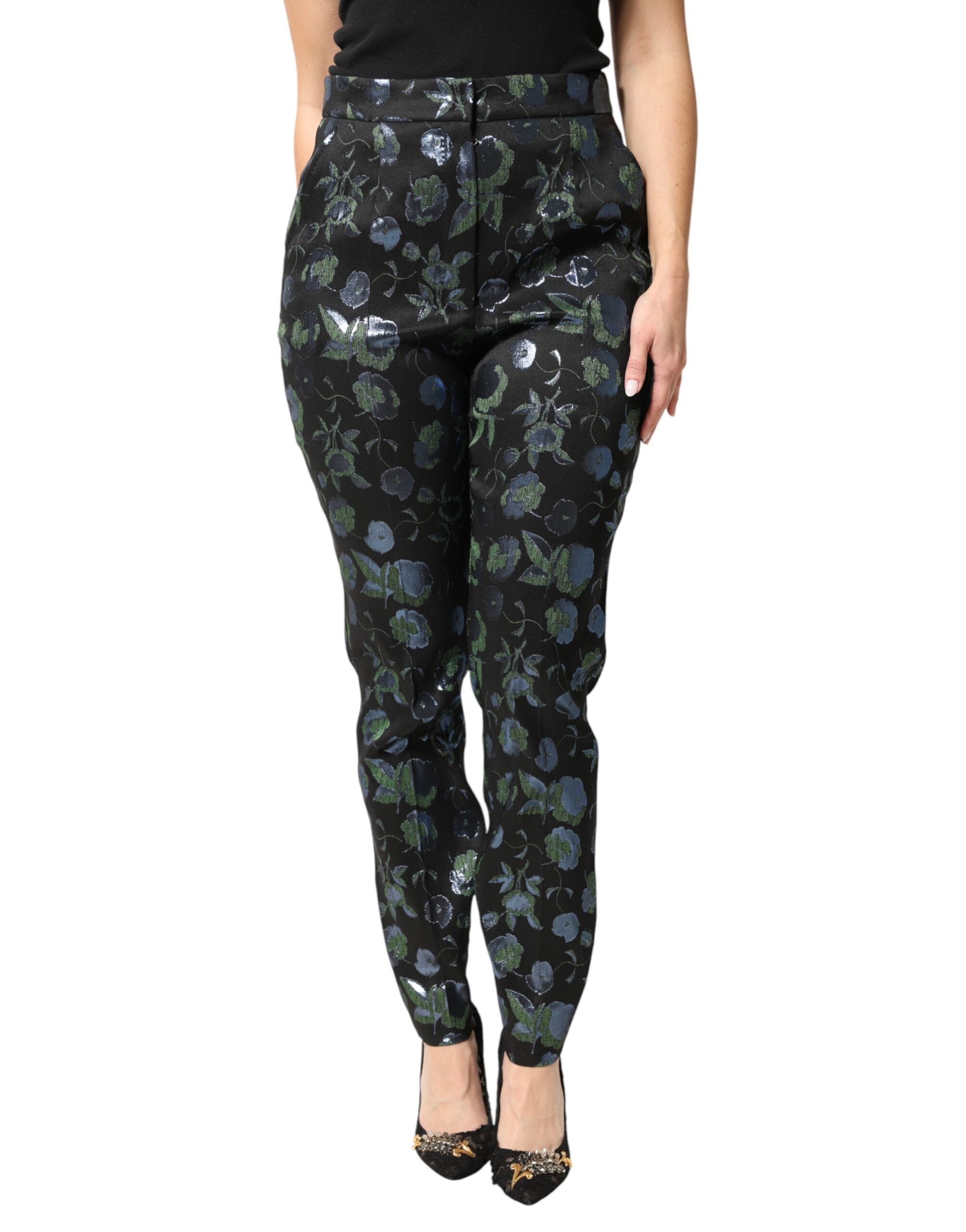 Dolce & Gabbana BlueGreen Floral Metallic Slim Trouser Women's Pants
