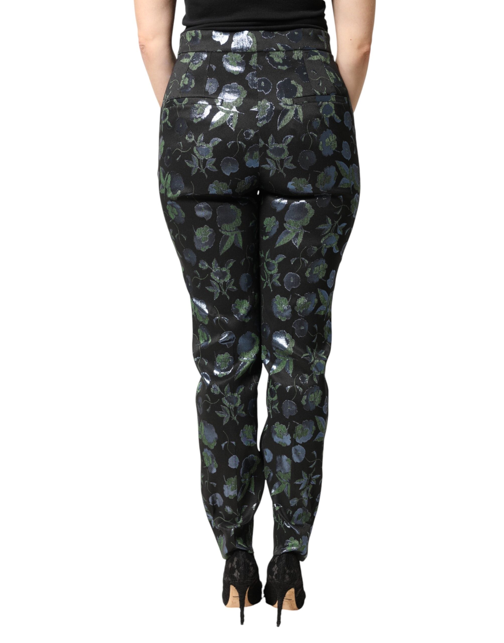 Dolce & Gabbana BlueGreen Floral Metallic Slim Trouser Women's Pants