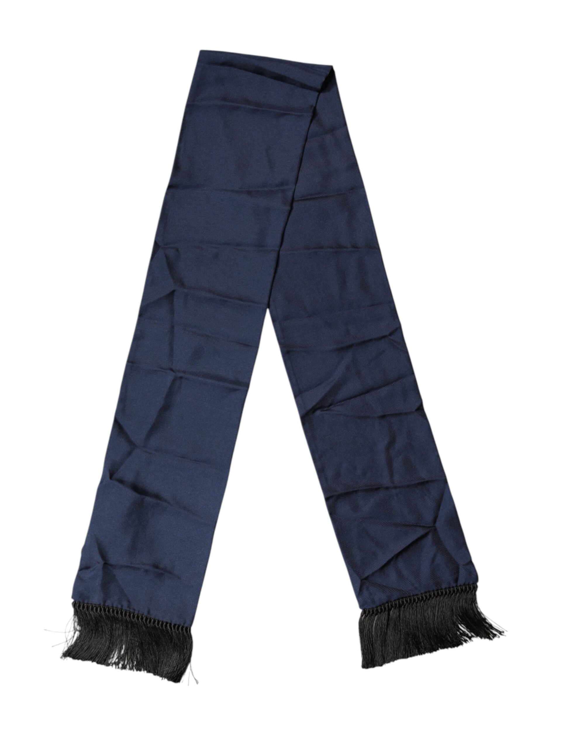 Dolce & Gabbana Navy Blue Silk Fringes Neck Foulard Men's Scarf
