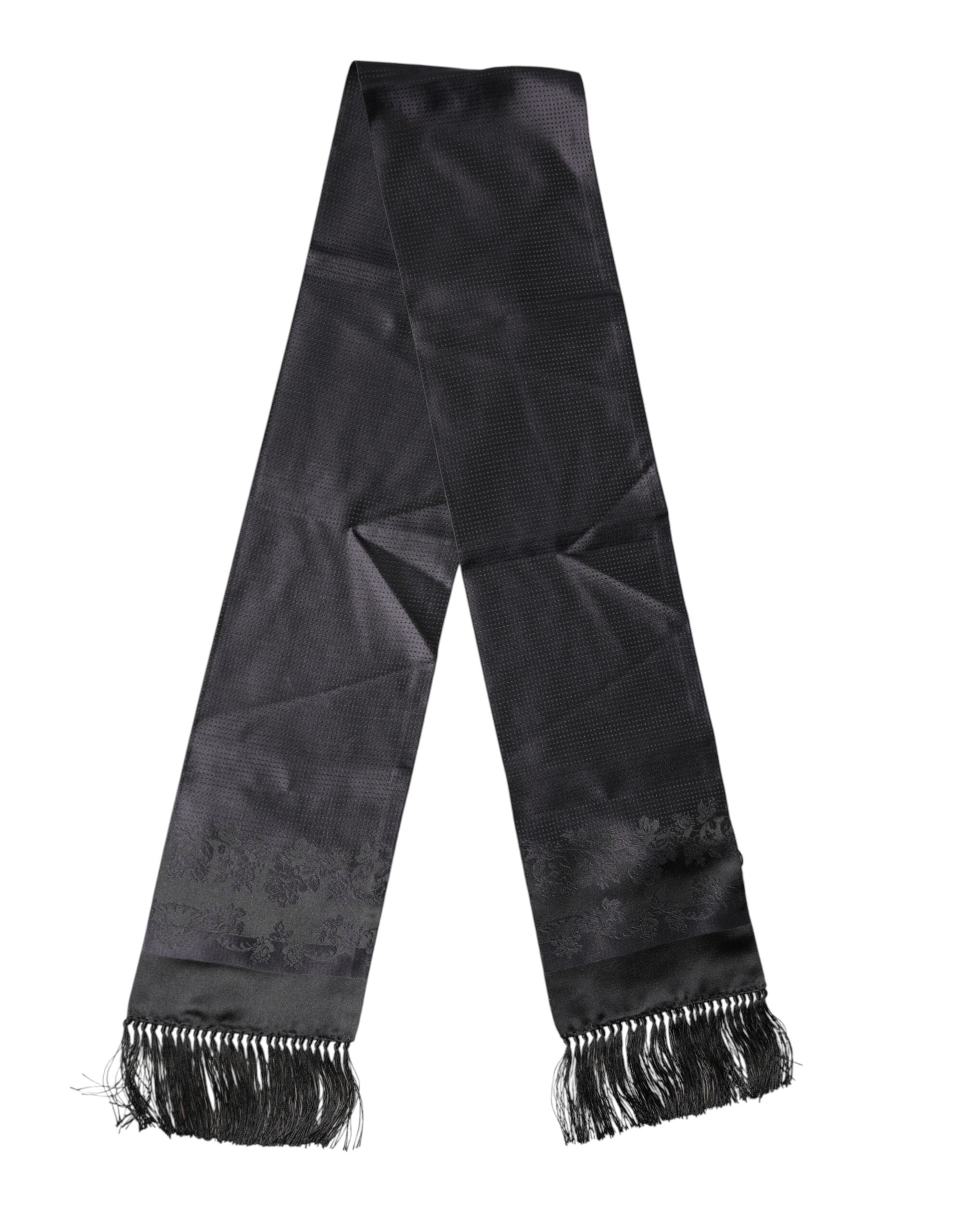 Dolce & Gabbana Black Satin Silk Fringes Neck Foulard Men's Scarf