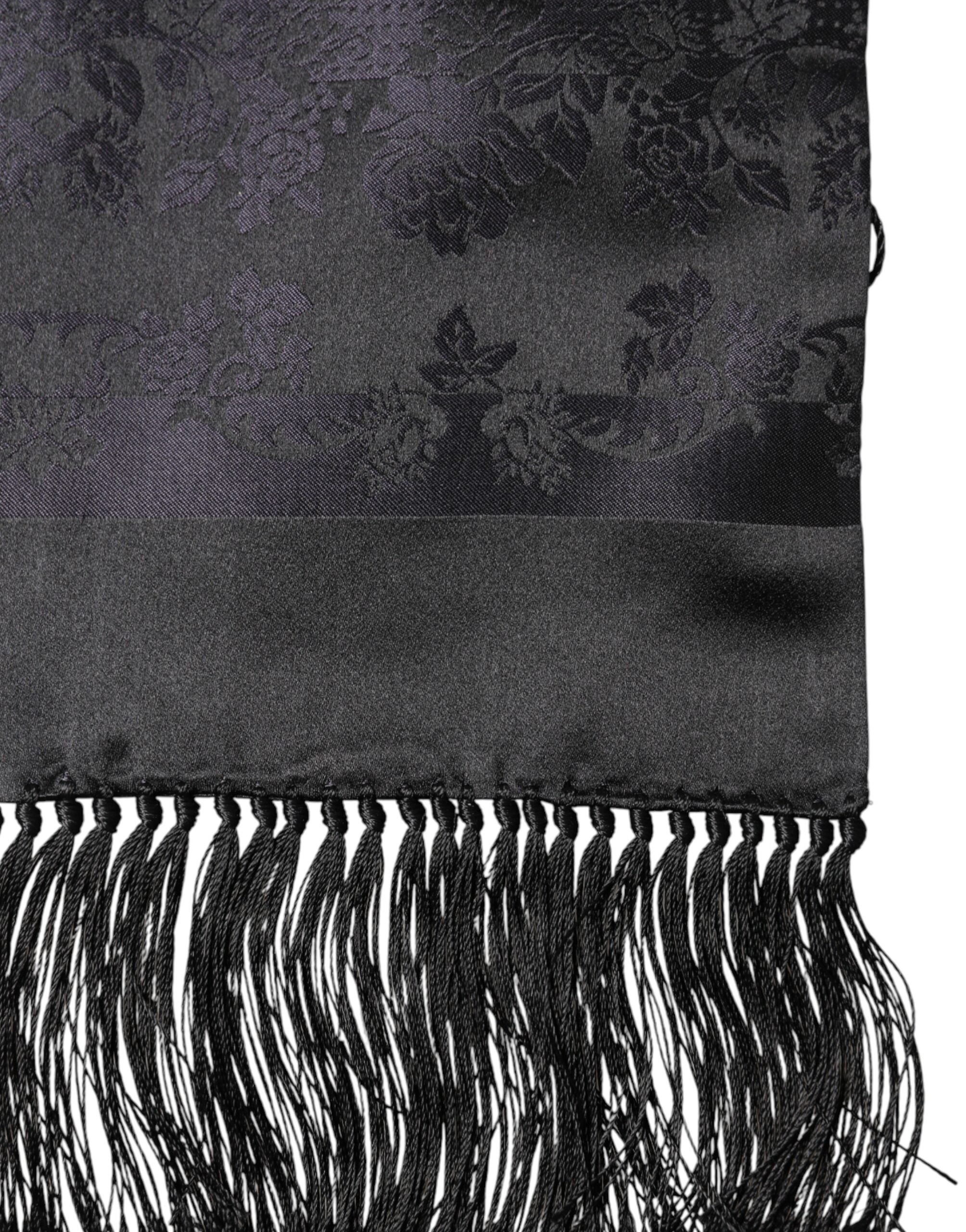 Dolce & Gabbana Black Satin Silk Fringes Neck Foulard Men's Scarf