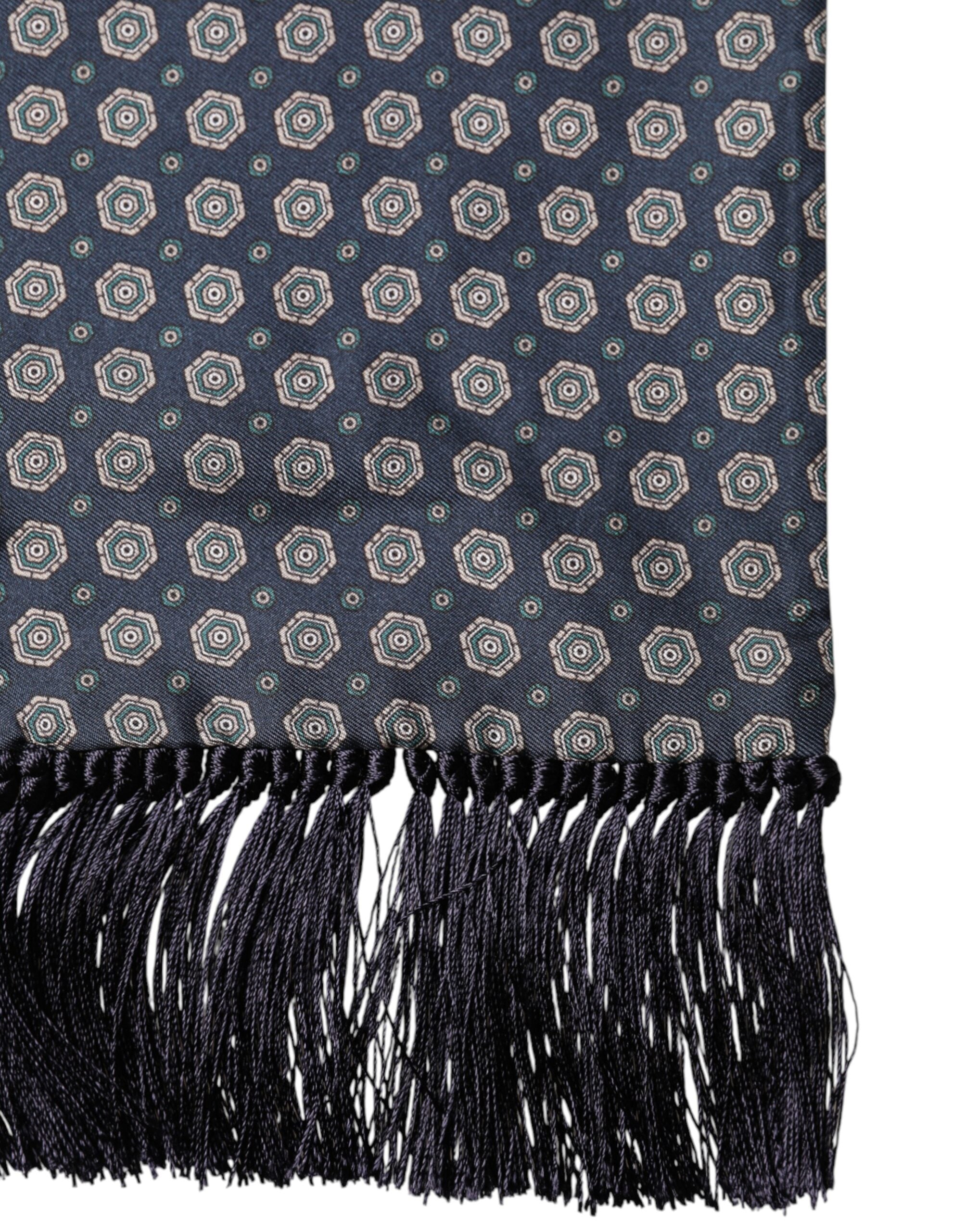 Dolce & Gabbana Blue Patterned Silk Fringes Foulard 138cm x 15.5cm Men's Scarf