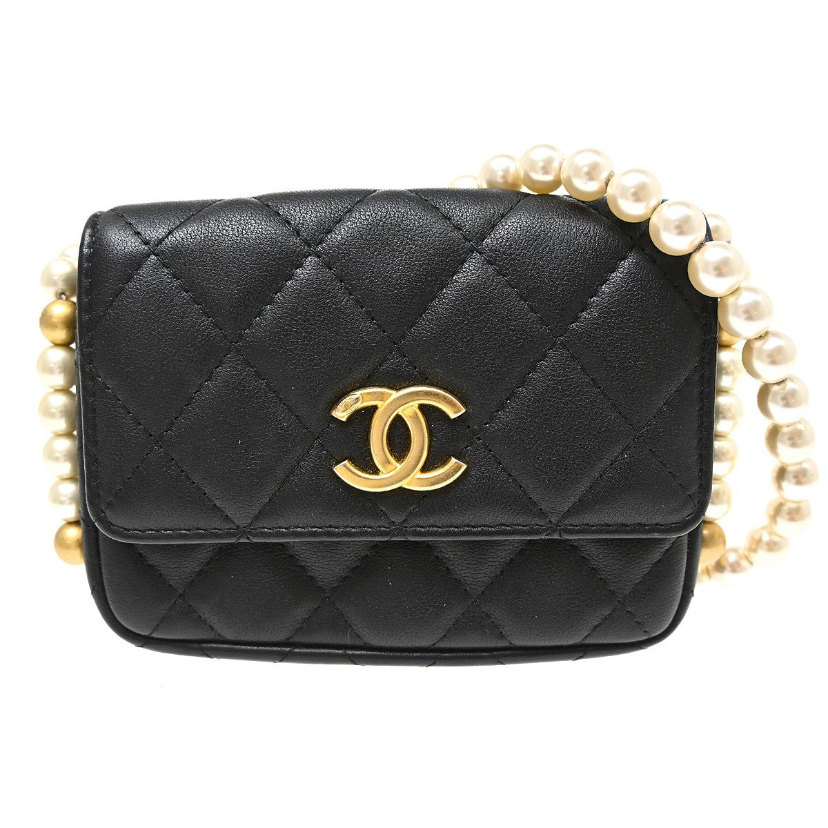 Chanel About Pearls Flap Card Holder With Chain Lambskin Black Leather Shoulder Bag Bag (Pre-Owned)