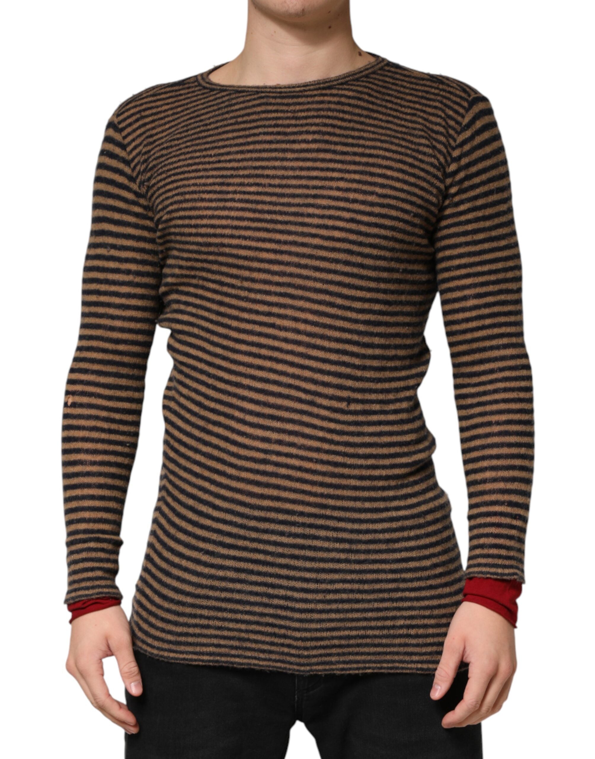 Daniele Alessandrini Brown Black Stripes Wool Crew Neck Pullover Men's Sweater (Pre-Owned)