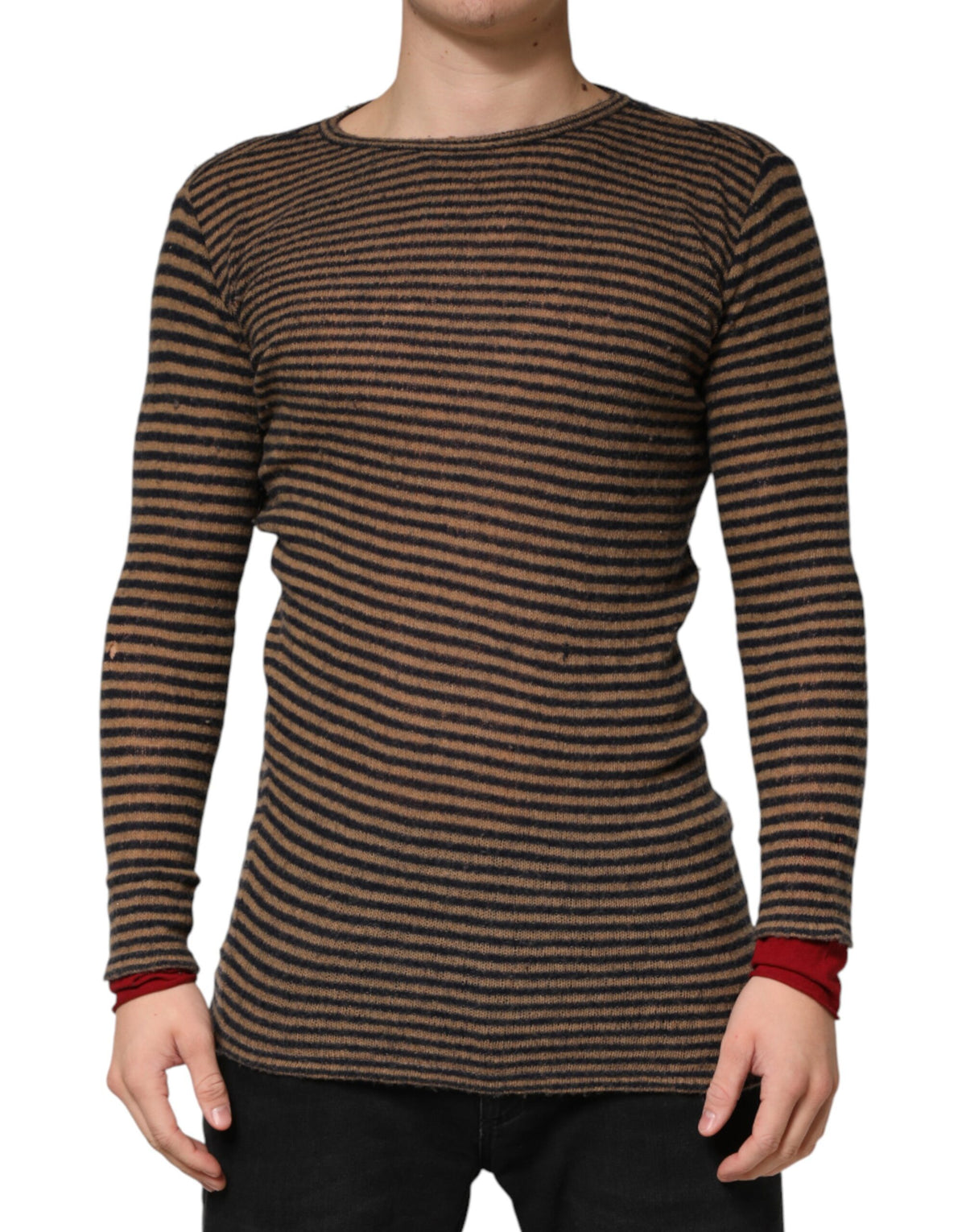 Daniele Alessandrini Brown Black Stripes Wool Crew Neck Pullover Men's Sweater (Pre-Owned)
