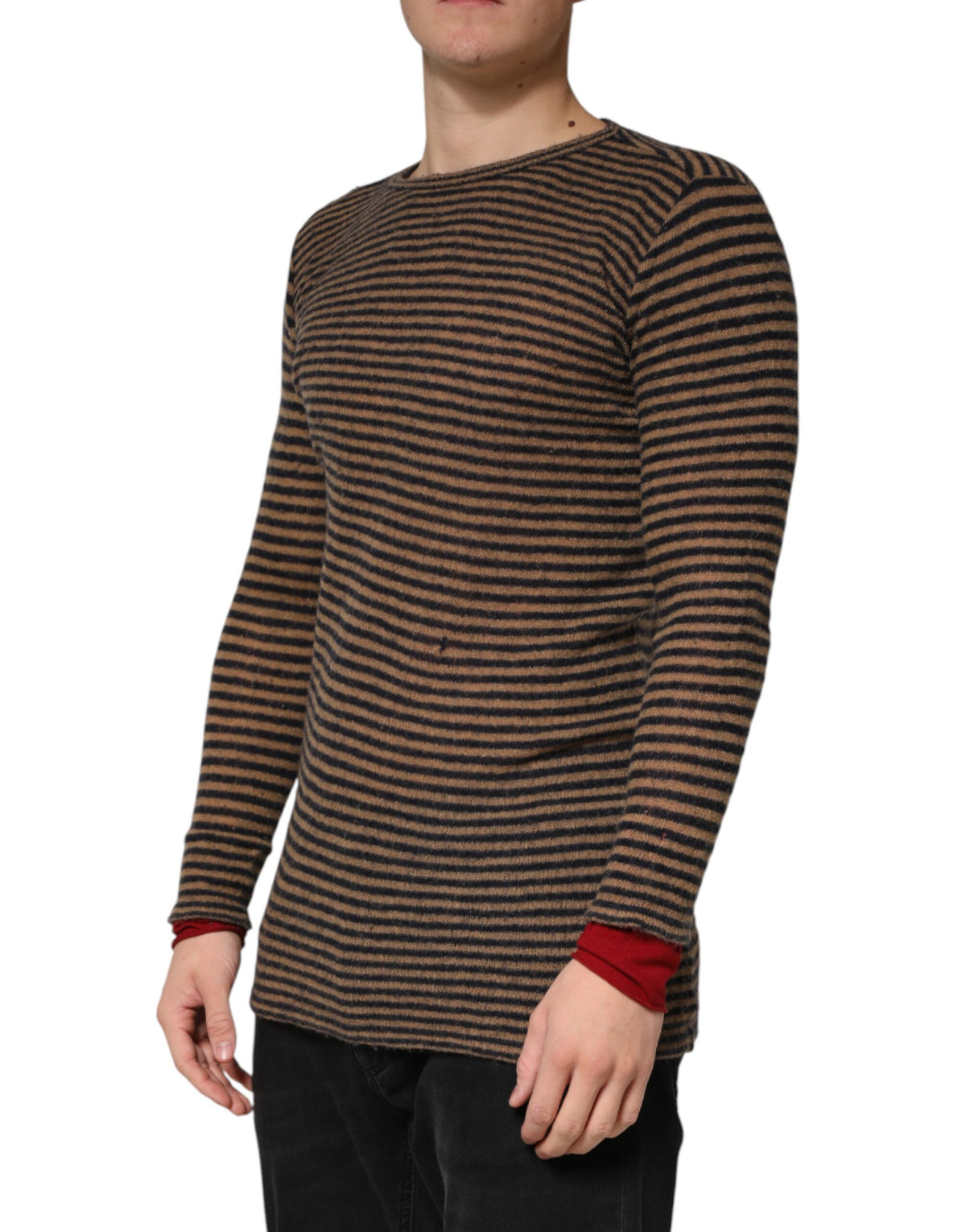 Daniele Alessandrini Brown Black Stripes Wool Crew Neck Pullover Men's Sweater (Pre-Owned)