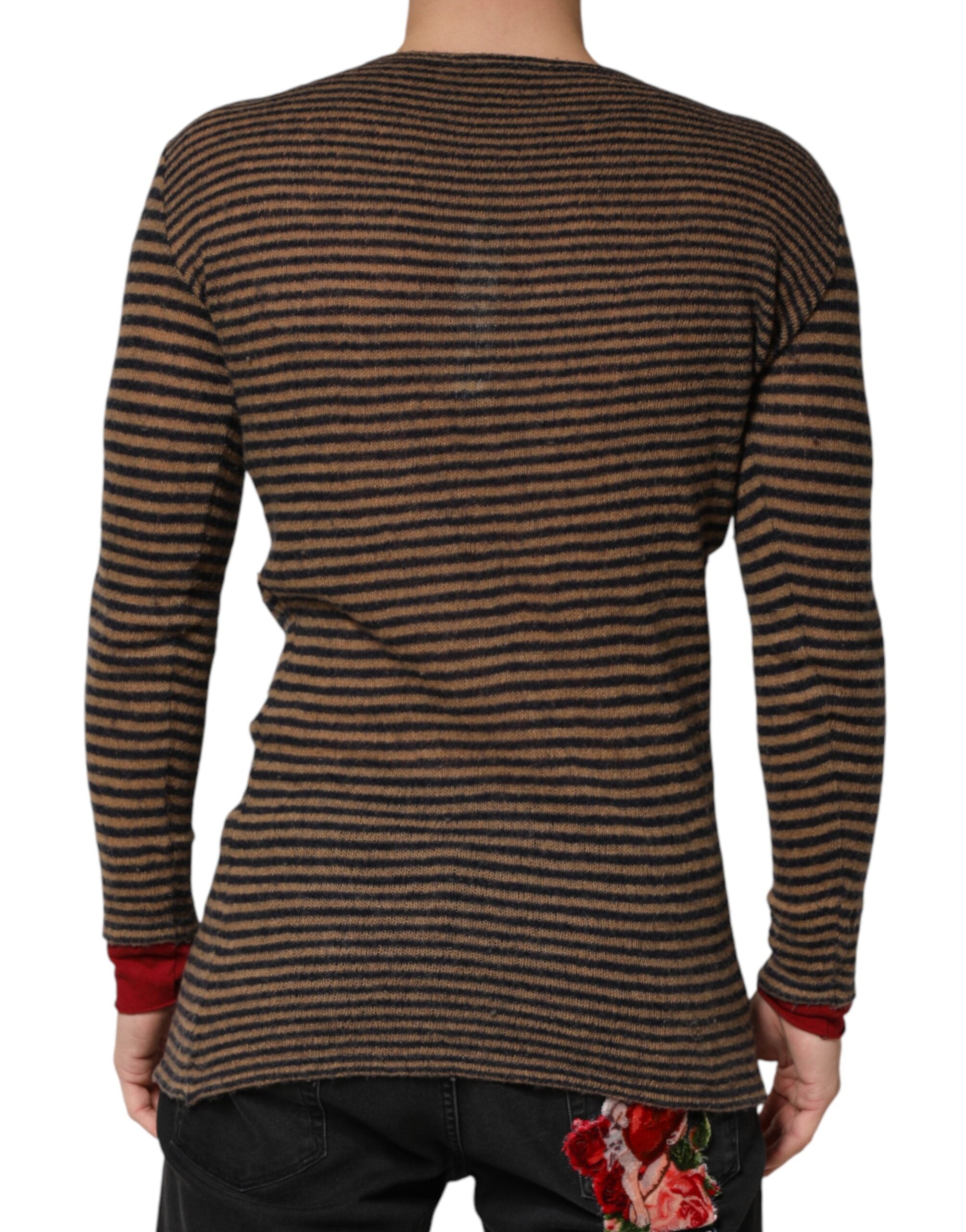 Daniele Alessandrini Brown Black Stripes Wool Crew Neck Pullover Men's Sweater (Pre-Owned)