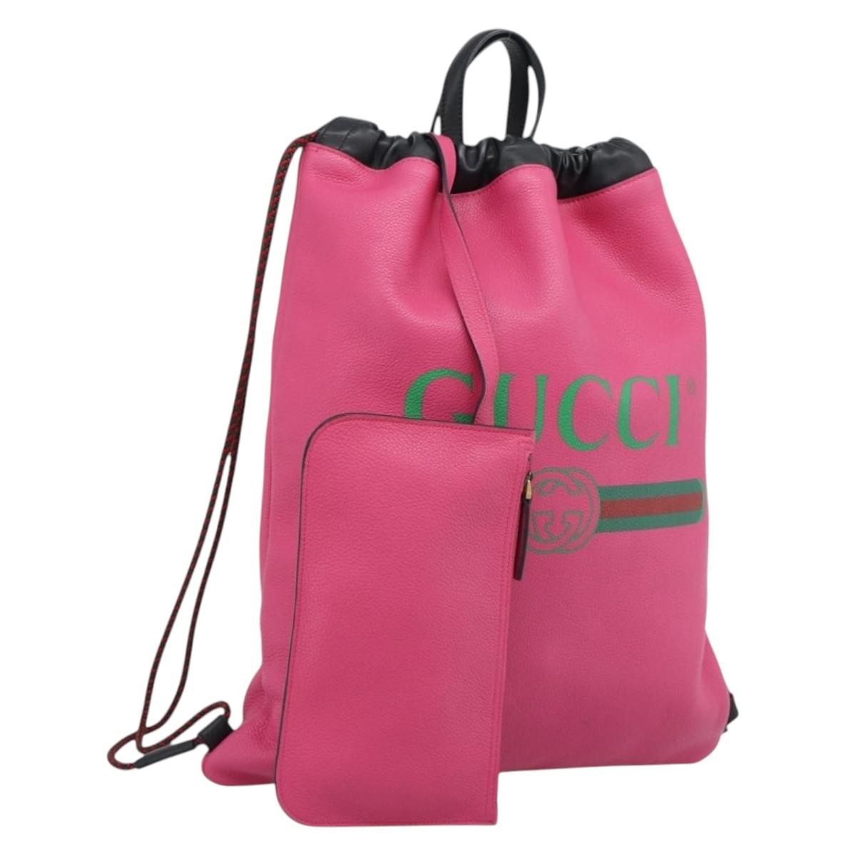 Gucci Logo Drawstring Printed Leather Pink Leather Backpack Bag (Pre-Owned)