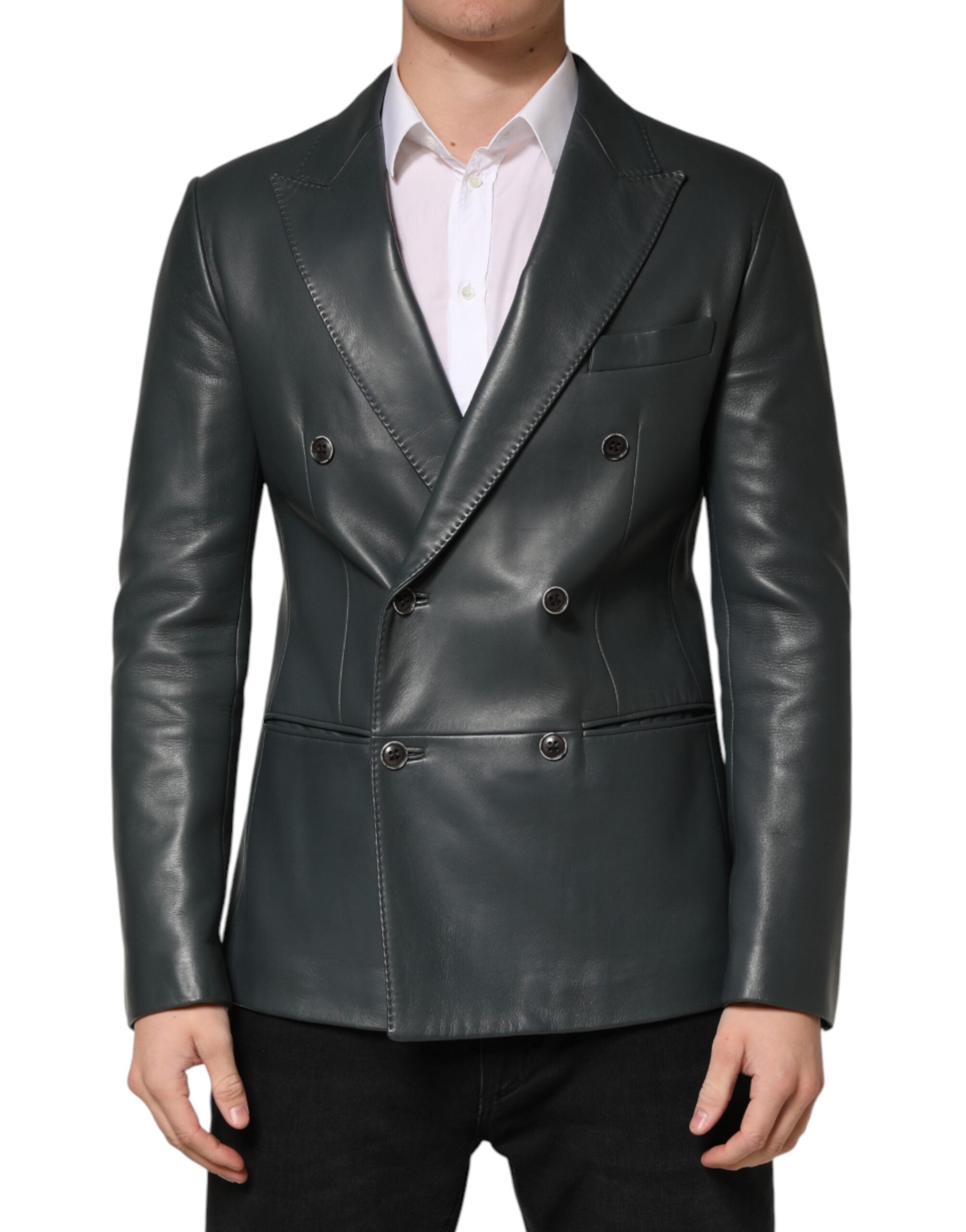 Dolce & Gabbana Dark Gray Leather Double Breasted 2Button Men's Blazer (Pre-Owned)