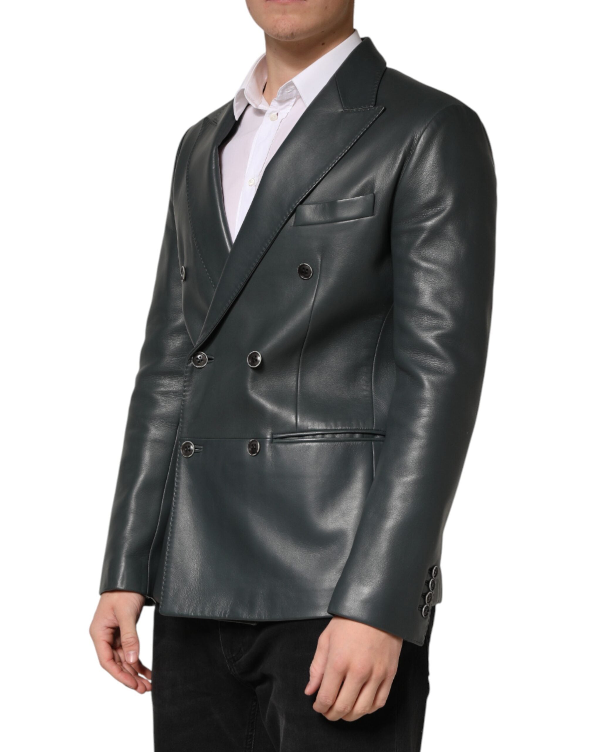 Dolce & Gabbana Dark Gray Leather Double Breasted 2Button Men's Blazer (Pre-Owned)