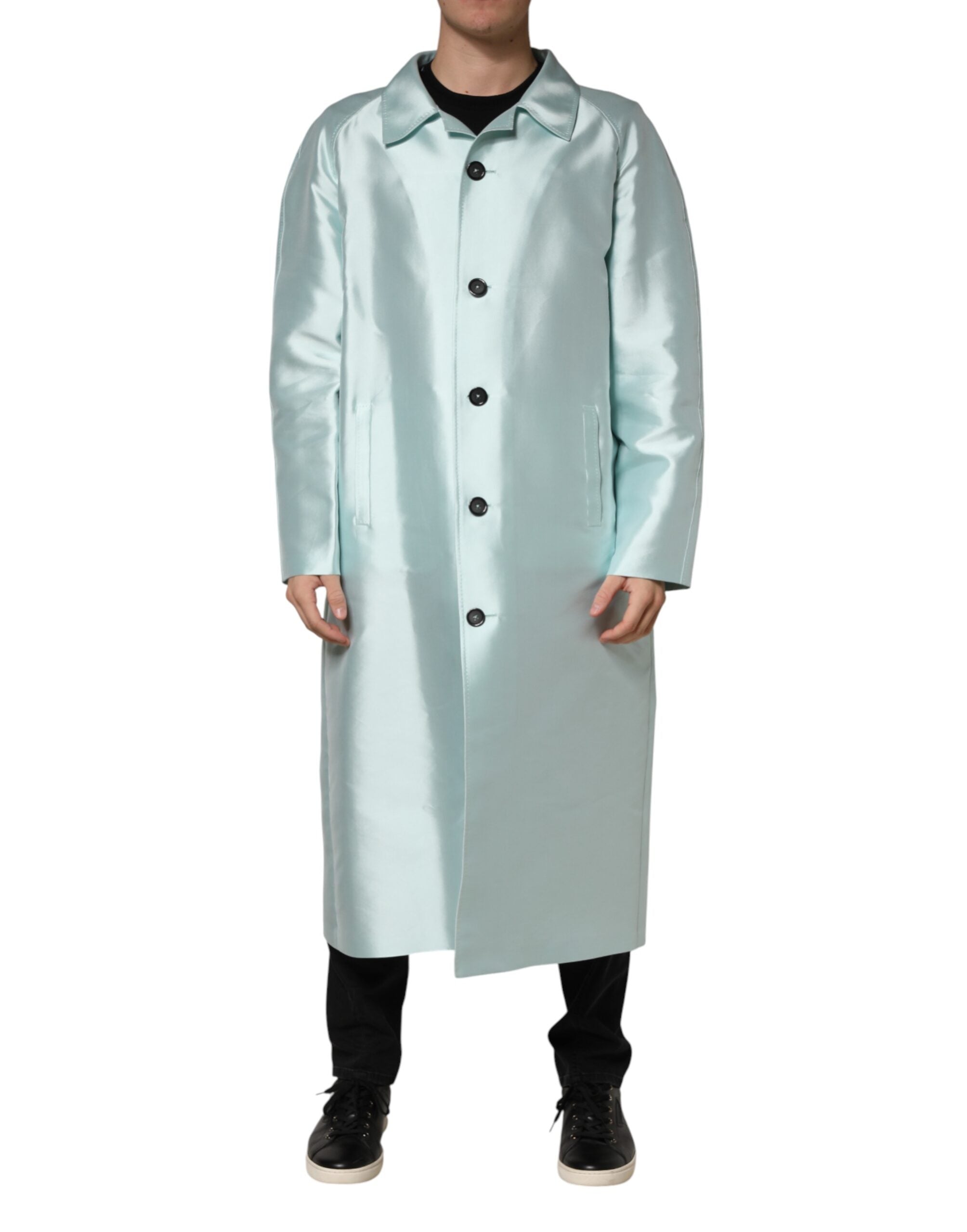 Dolce & Gabbana Teal Satin Collared Long Trench Coat Men's Jacket (Pre-Owned)